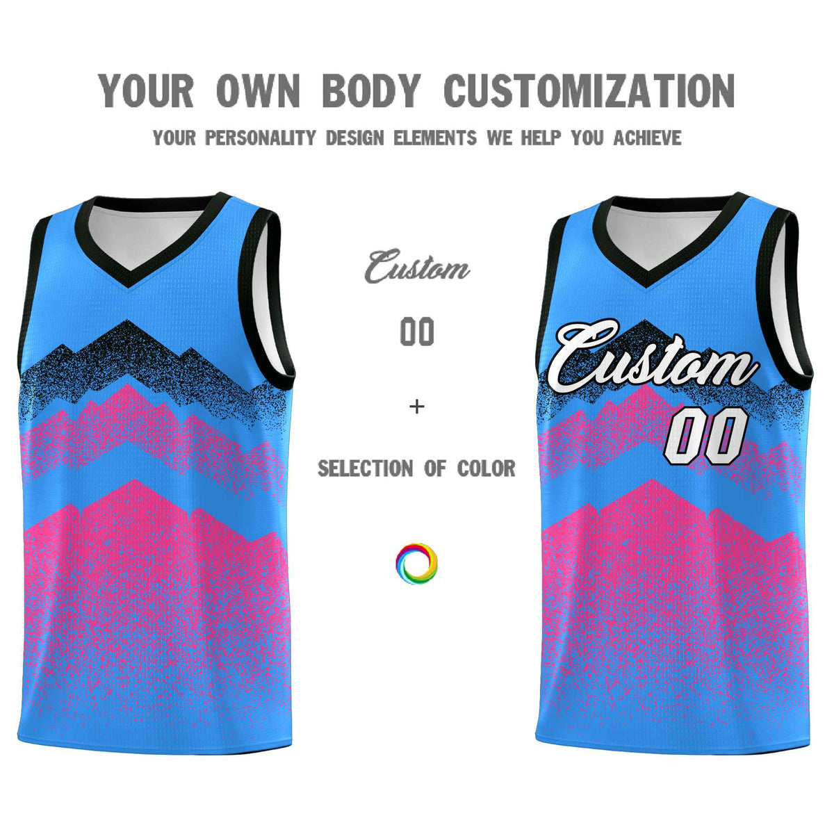 Custom Youth Basketball Jerseys Powder Blue Pink Gradient Mountain Design Uniforms