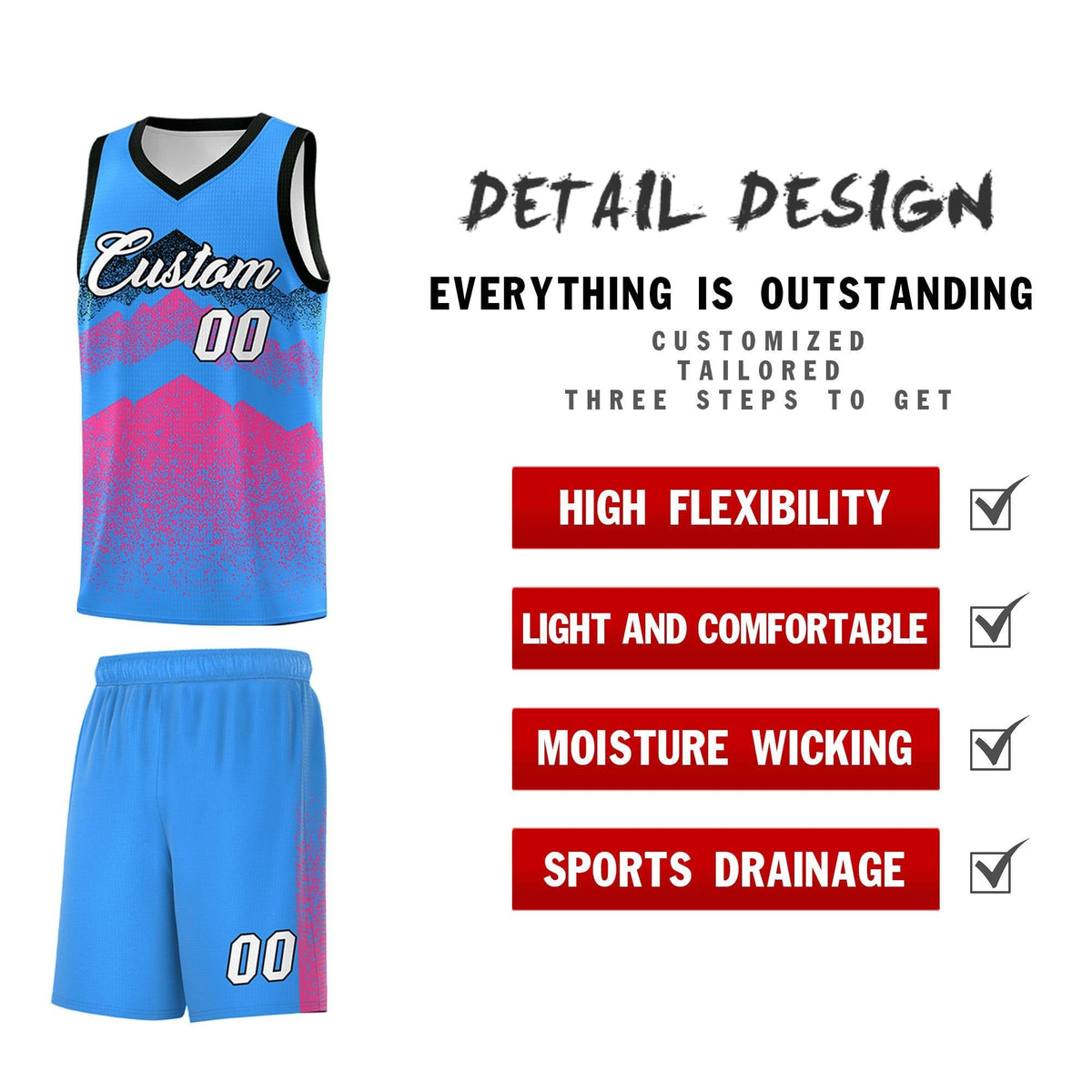 Custom Youth Basketball Jerseys Powder Blue Pink Gradient Mountain Design Uniforms