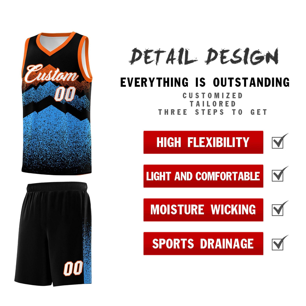 Personalized Youth Basketball Jerseys   Black Powder Blue Gradient Mountain Design Uniforms
