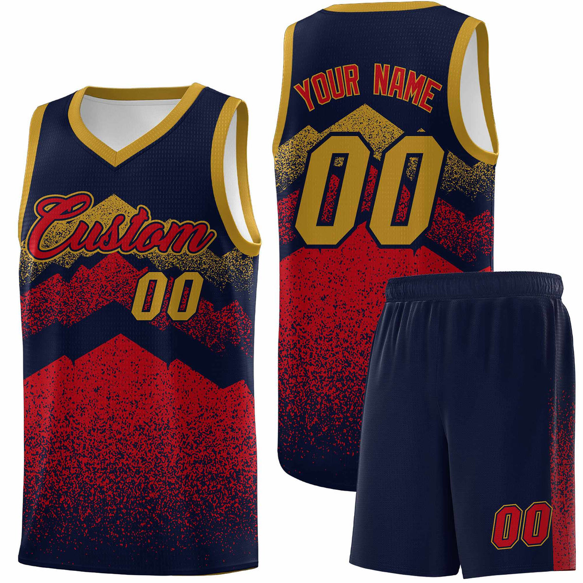 Custom Youth Basketball Jerseys Navy Red Gradient Mountain Design Uniforms
