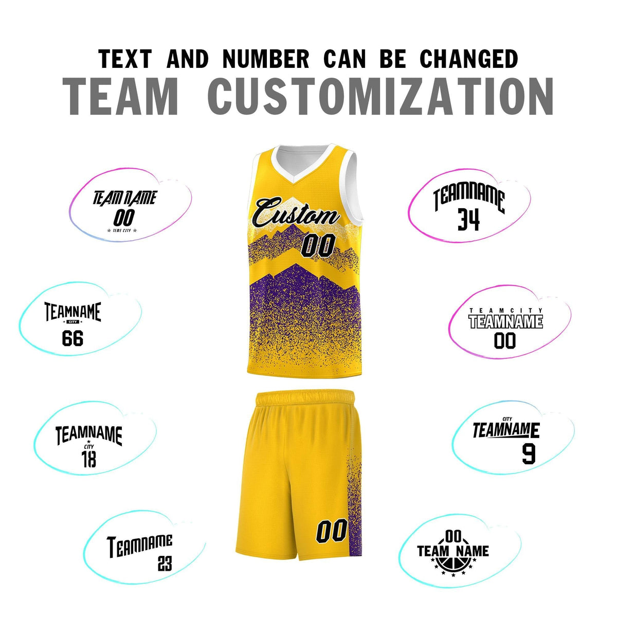 Custom Youth Basketball Jerseys Gold Purple Gradient Mountain Design Uniforms