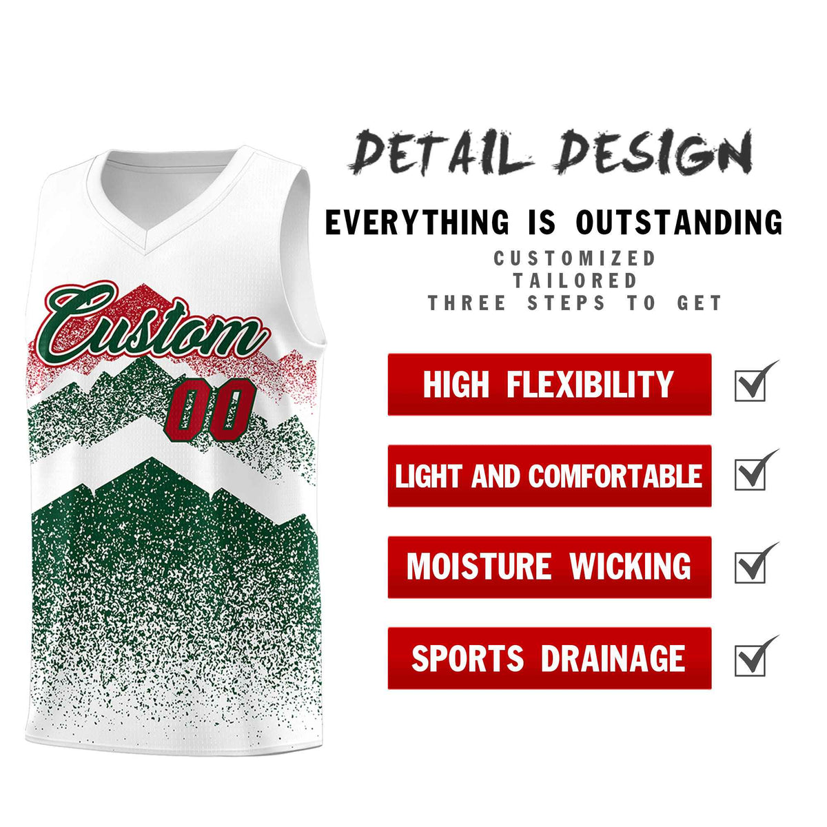 Custom Youth Basketball Jerseys White Green Gradient Mountain Design Uniforms