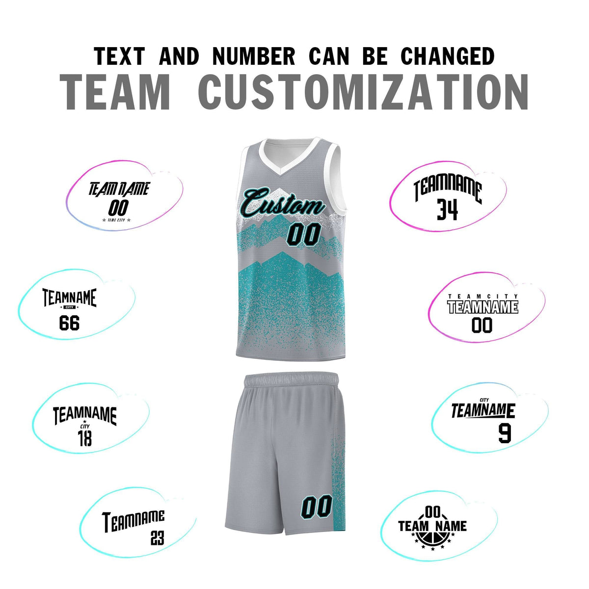 Personalized Youth Basketball Jerseys   Silver Teal Gradient Mountain Design Uniforms
