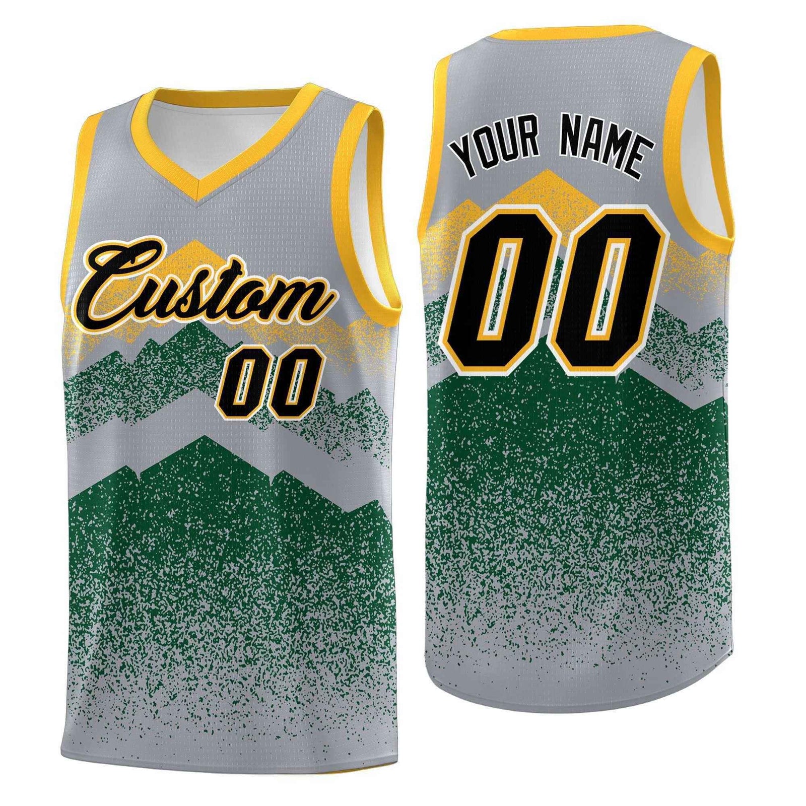 Personalized Youth Basketball Jerseys   Gray Green Gradient Mountain Design Uniforms