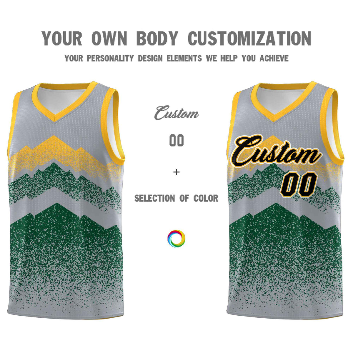 Personalized Youth Basketball Jerseys   Gray Green Gradient Mountain Design Uniforms