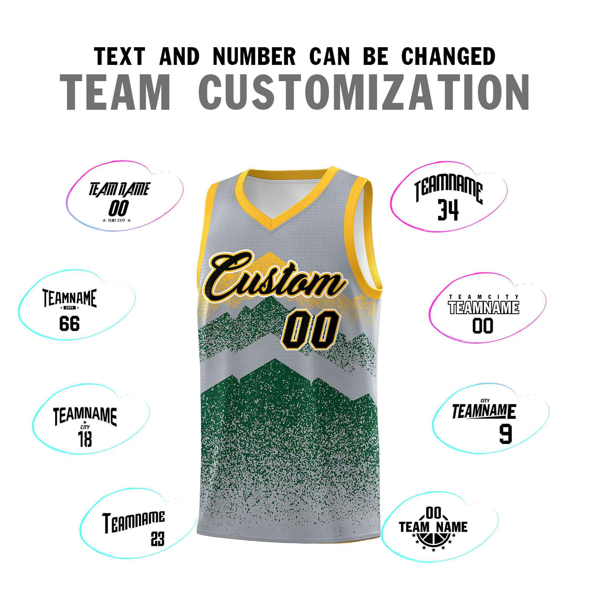Personalized Youth Basketball Jerseys   Gray Green Gradient Mountain Design Uniforms
