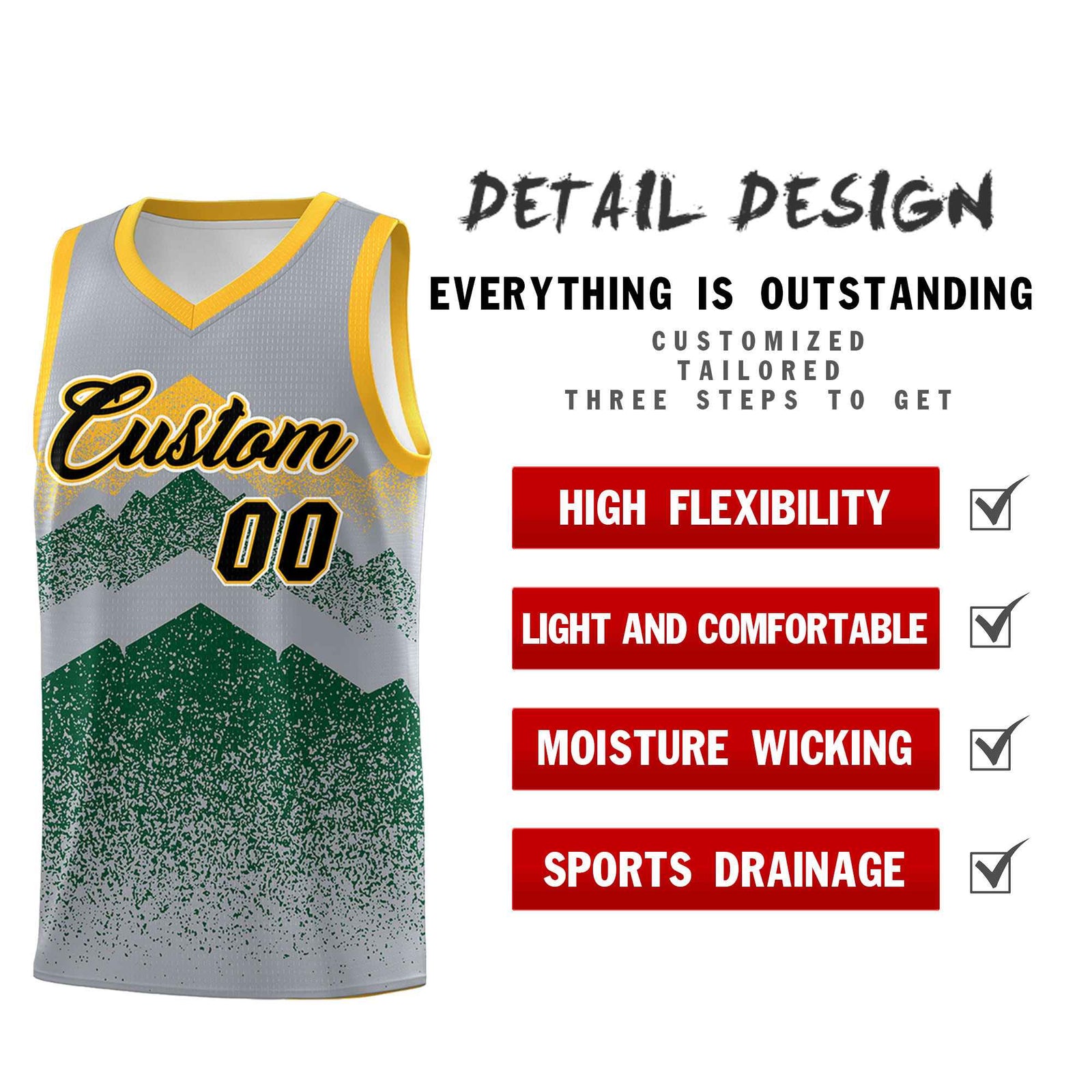Personalized Youth Basketball Jerseys   Gray Green Gradient Mountain Design Uniforms