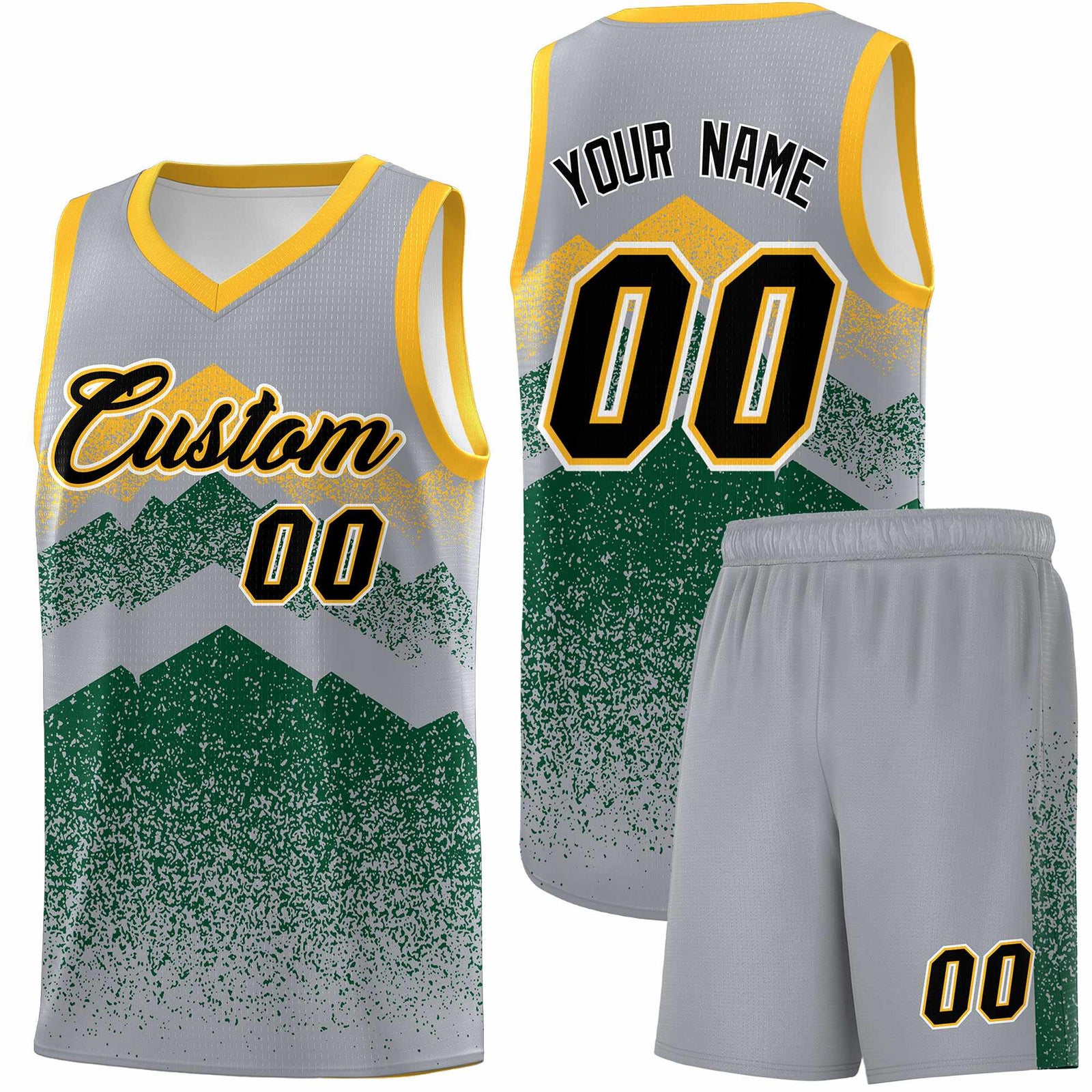 Personalized Youth Basketball Jerseys   Gray Green Gradient Mountain Design Uniforms