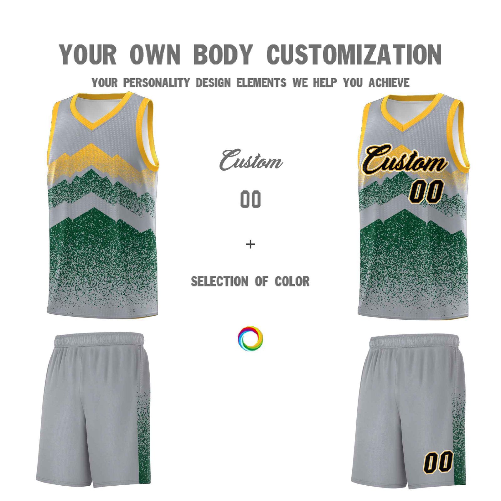 Personalized Youth Basketball Jerseys   Gray Green Gradient Mountain Design Uniforms