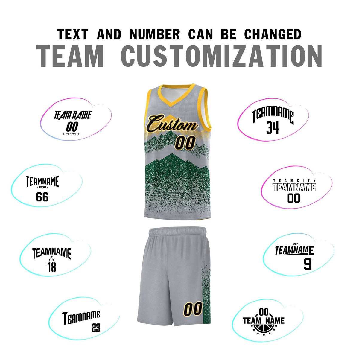 Personalized Youth Basketball Jerseys   Gray Green Gradient Mountain Design Uniforms