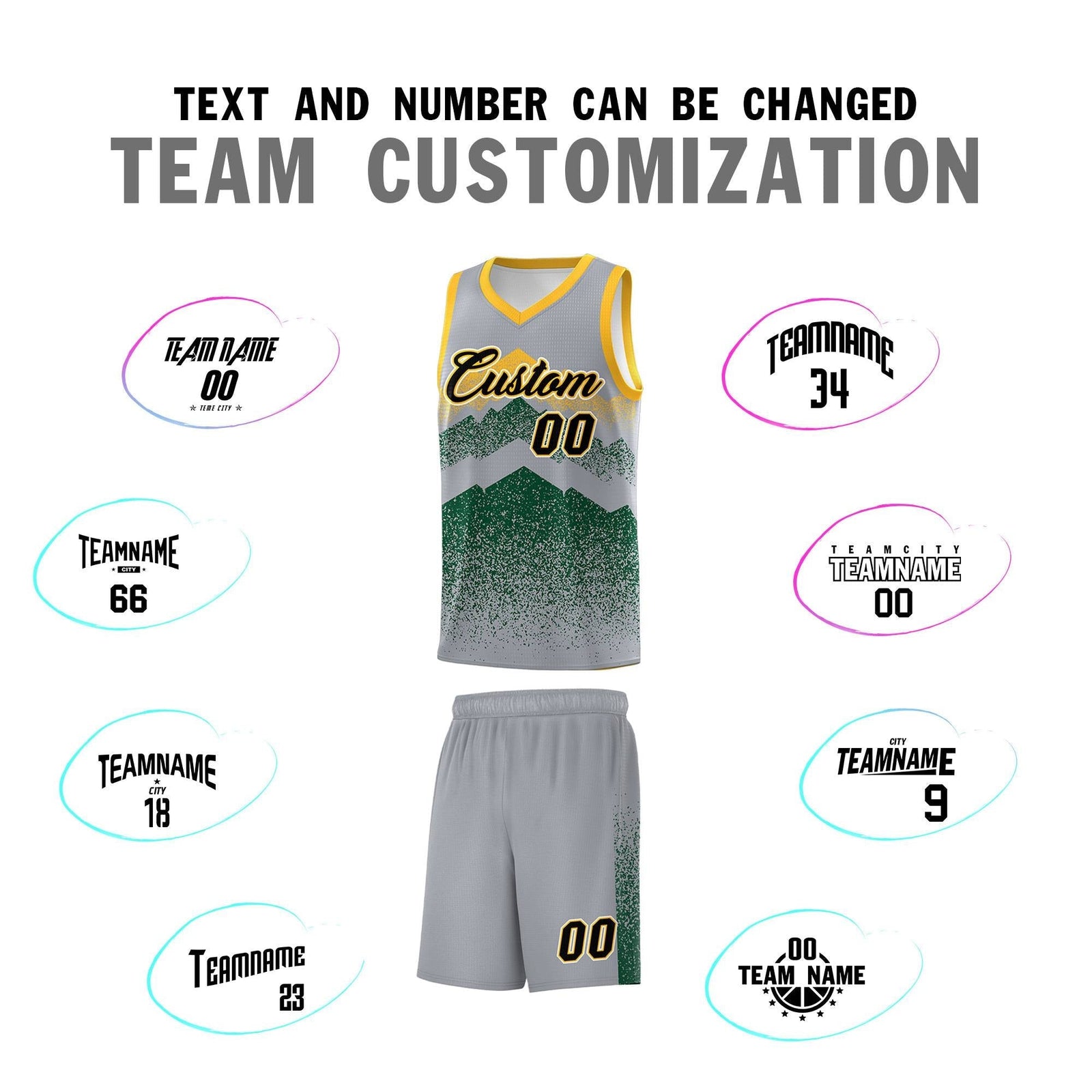 Personalized Youth Basketball Jerseys   Gray Green Gradient Mountain Design Uniforms