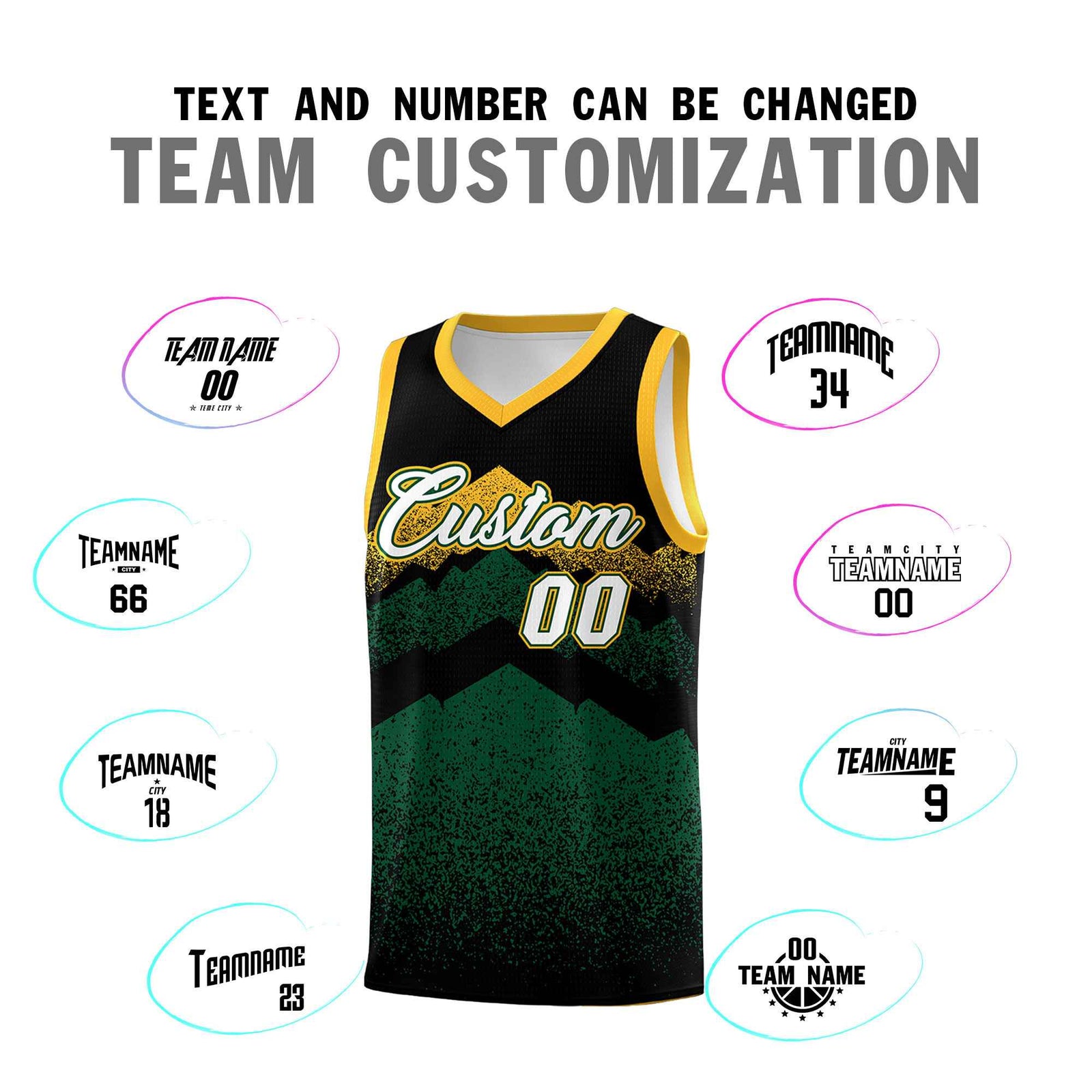 Custom Youth Basketball Jerseys Black Green Gradient Mountain Design Uniforms