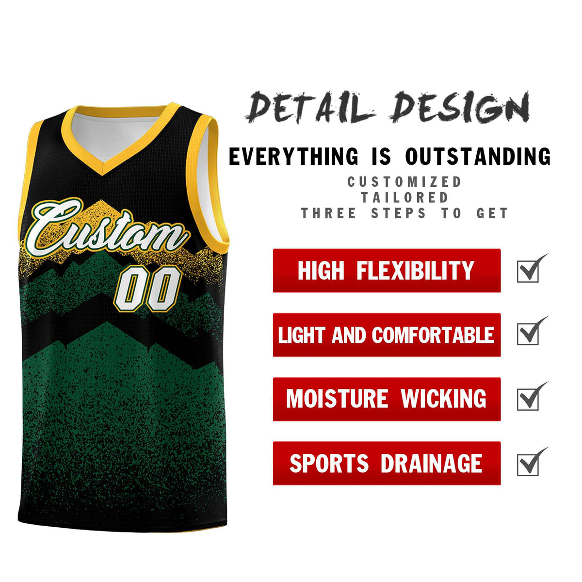 Custom Youth Basketball Jerseys Black Green Gradient Mountain Design Uniforms