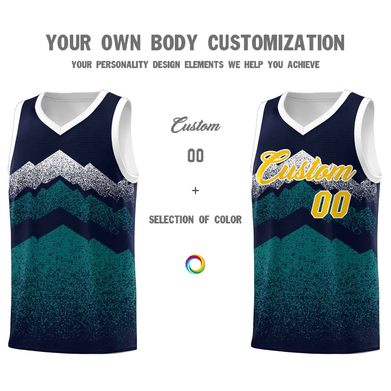 Custom Youth Basketball Jerseys Navy Teal Gradient Mountain Design Uniforms