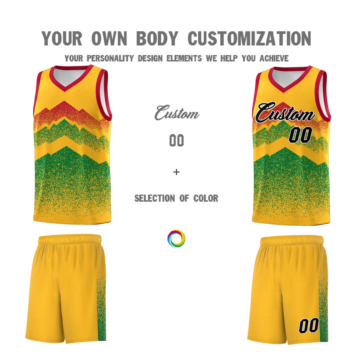 Personalized Youth Basketball Jerseys   Gold Kelly Green Gradient Mountain Design Uniforms