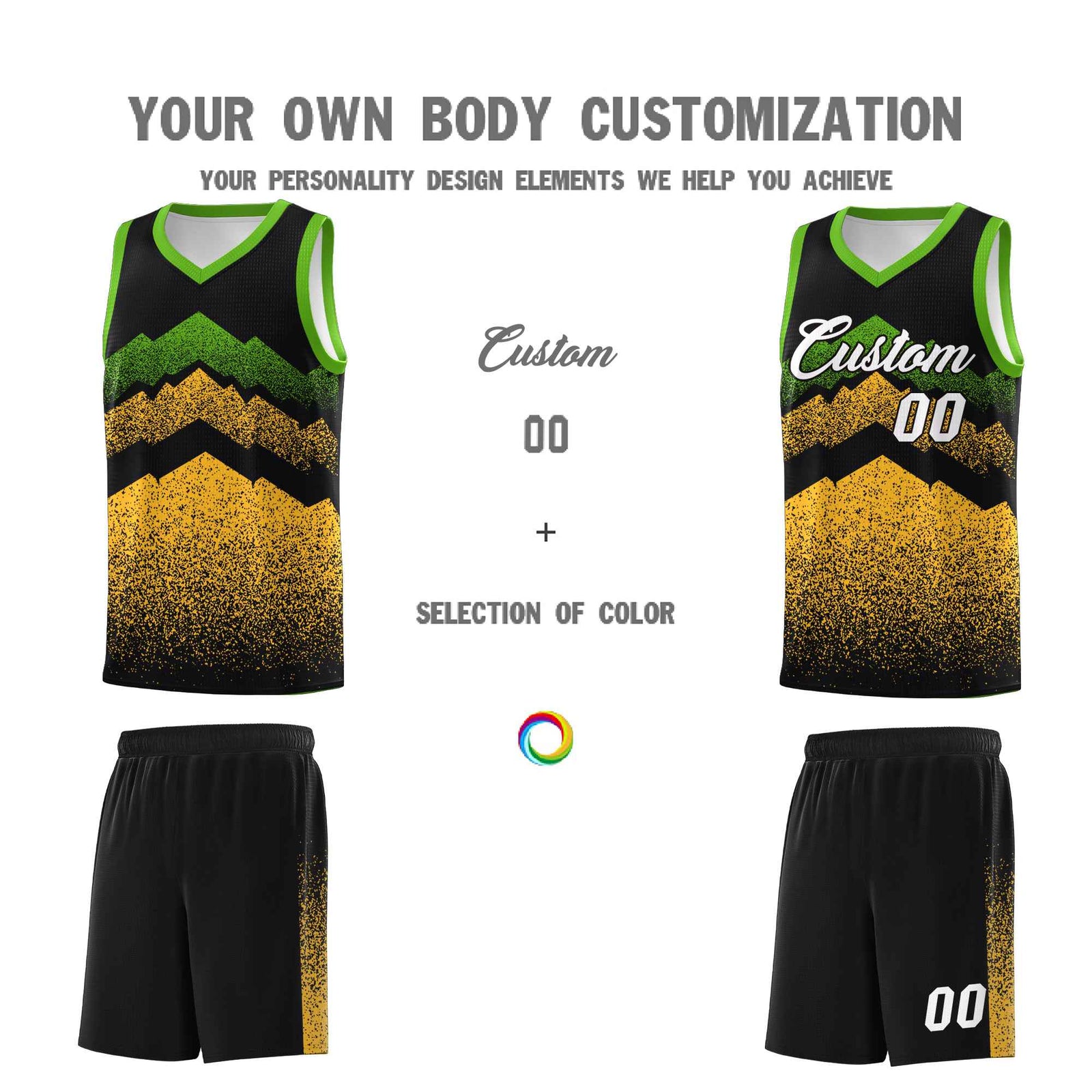 Personalized Youth Basketball Jerseys   Black Gold Gradient Mountain Design Uniforms