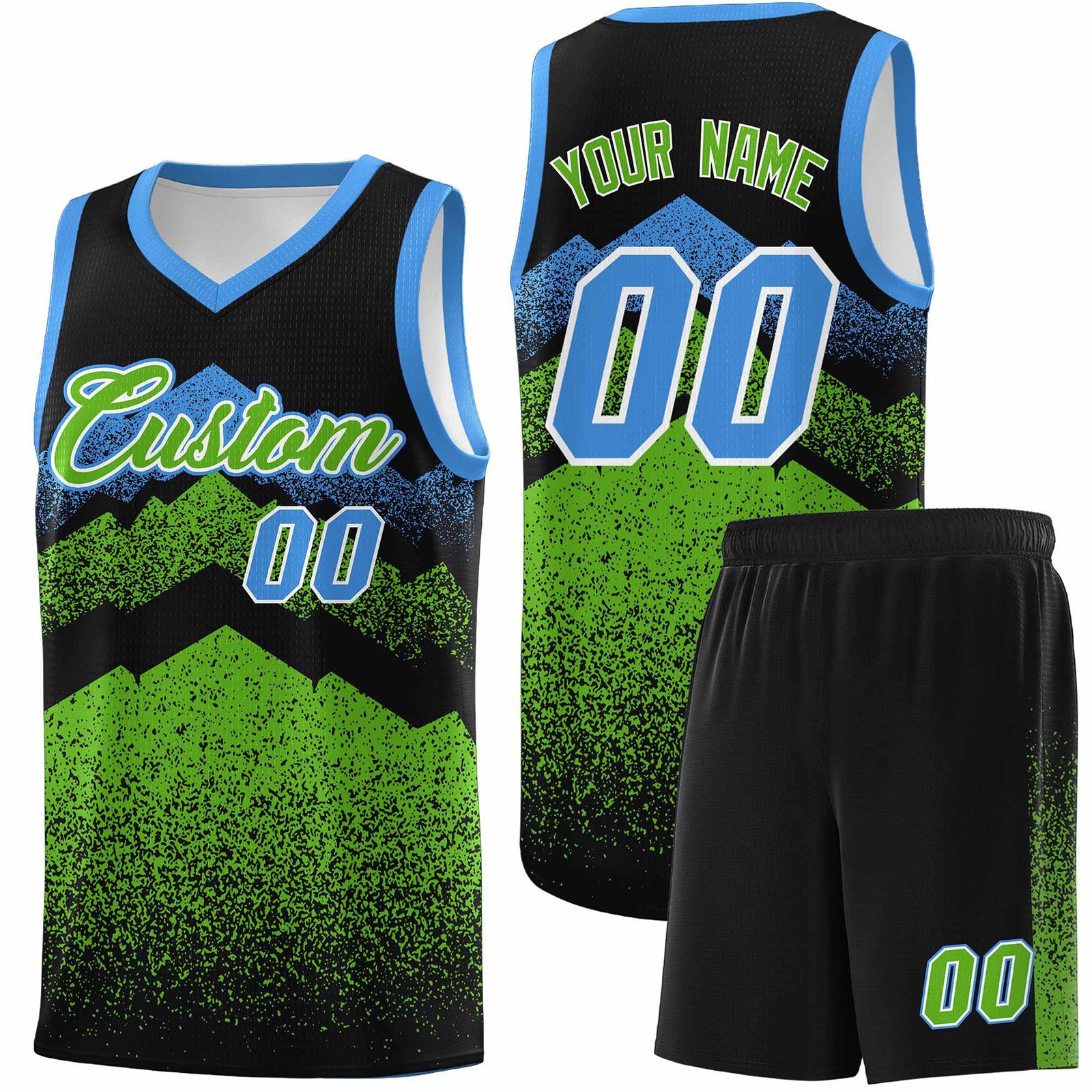 Personalized Youth Basketball Jerseys   Black Green Gradient Mountain Design Uniforms