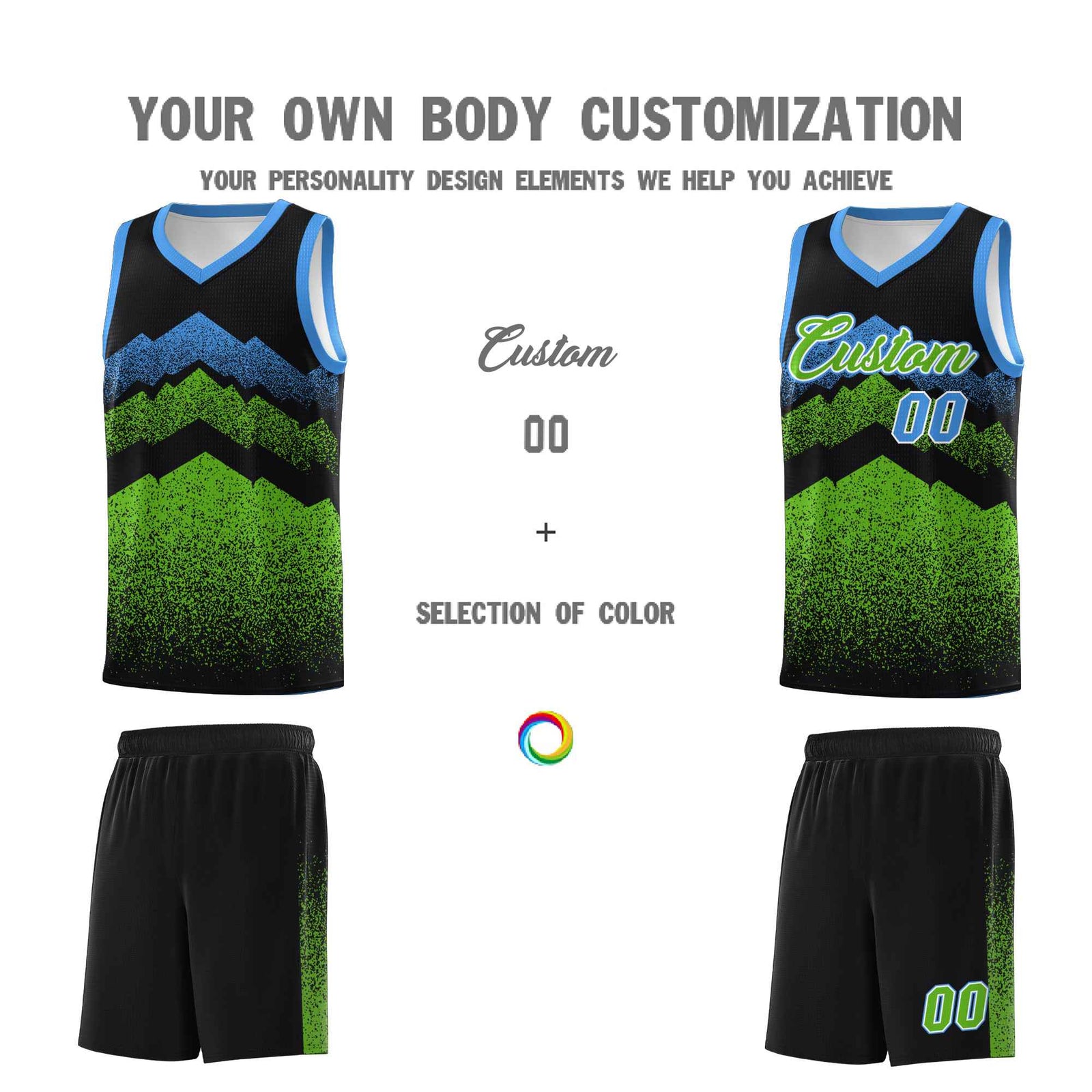 Personalized Youth Basketball Jerseys   Black Green Gradient Mountain Design Uniforms