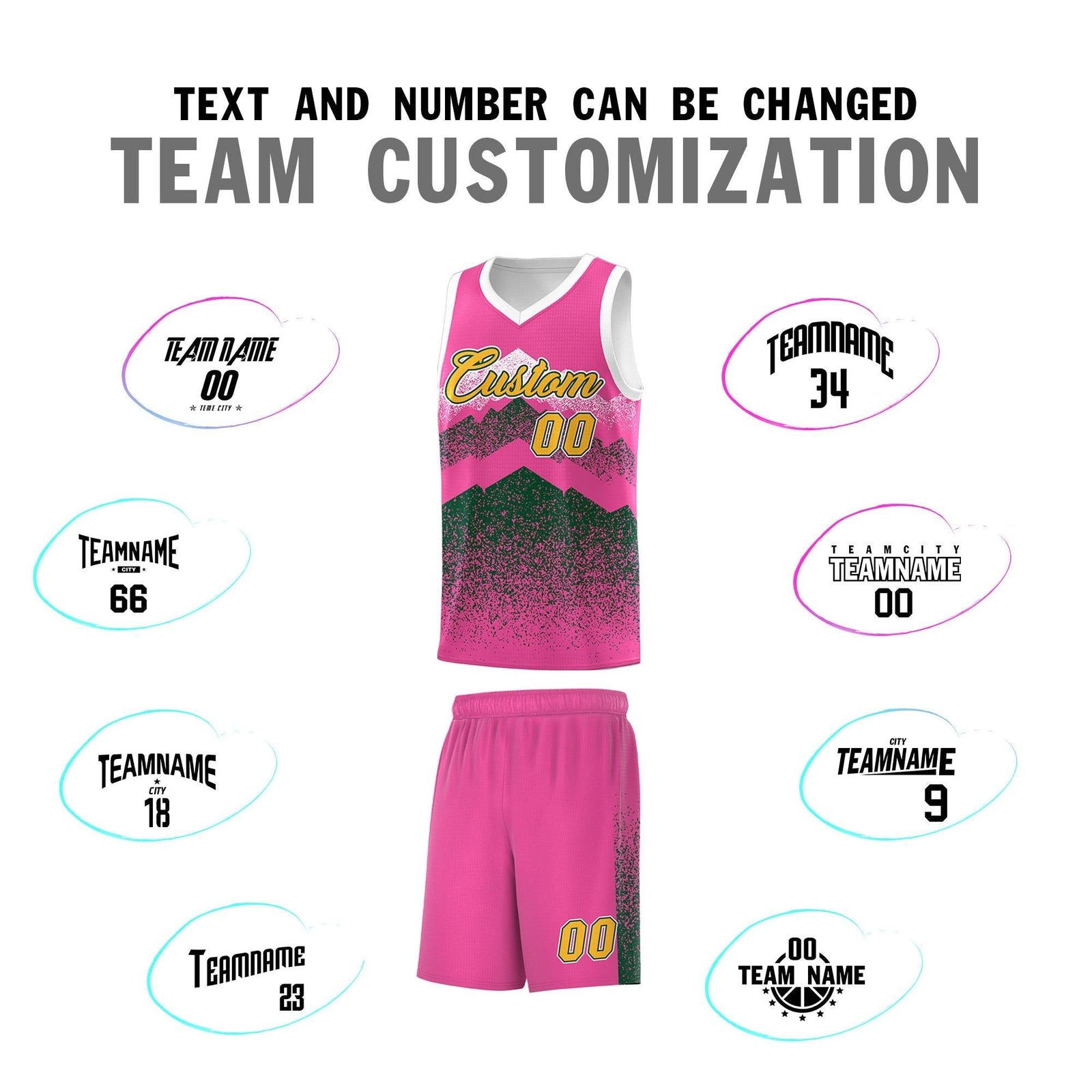 Personalized Youth Basketball Jerseys   Pink Green Gradient Mountain Design Uniforms