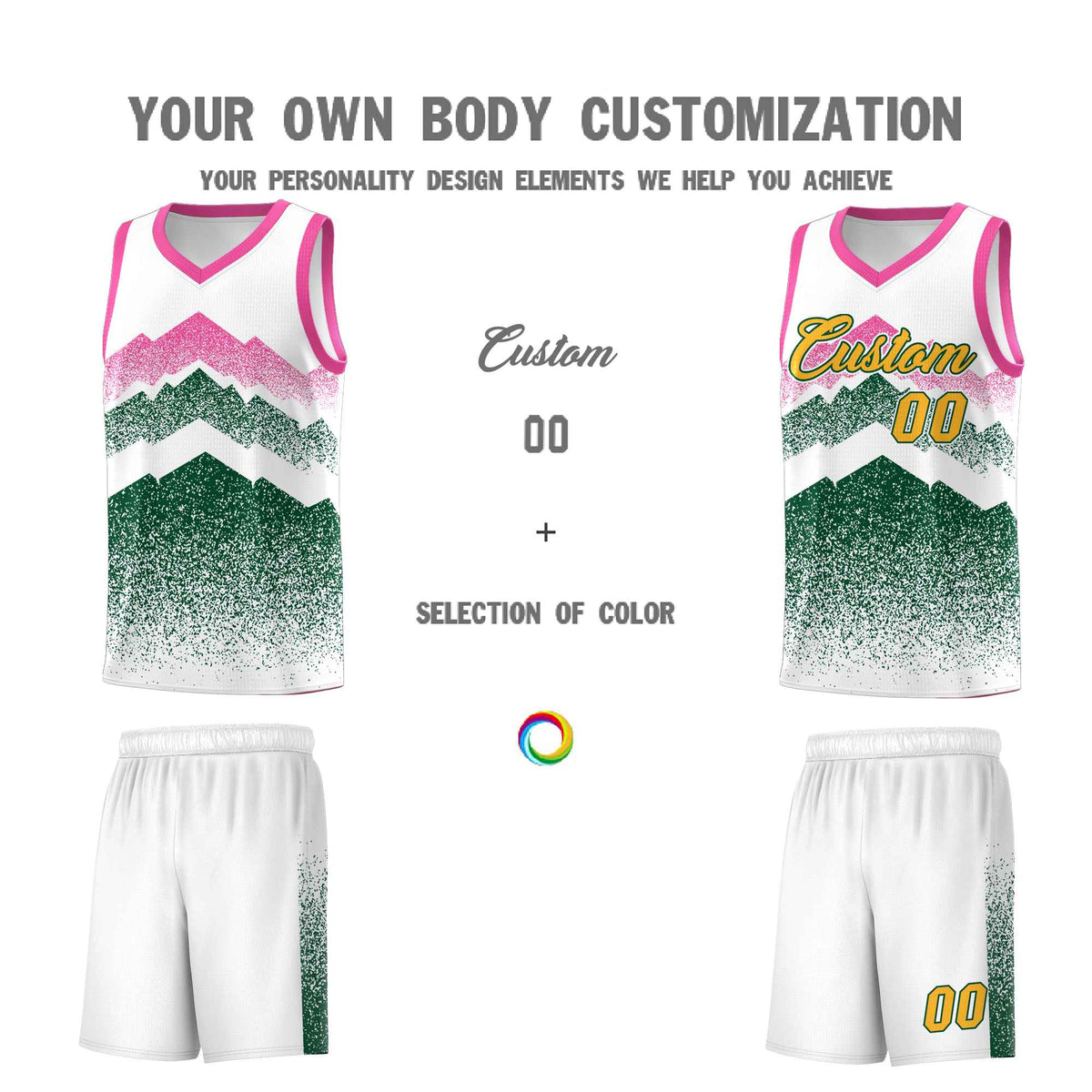 Custom Youth Basketball Jerseys White Green Gradient Mountain Design Uniforms