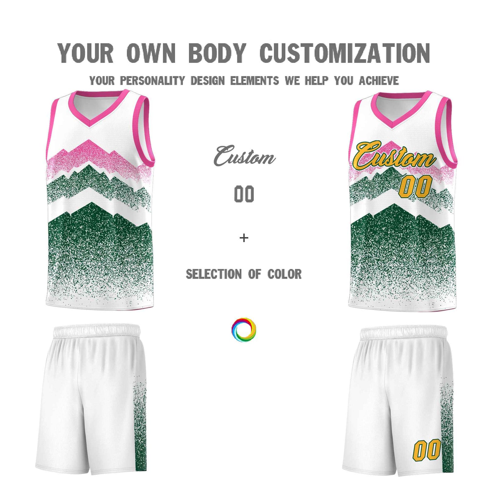 Custom Youth Basketball Jerseys White Green Gradient Mountain Design Uniforms