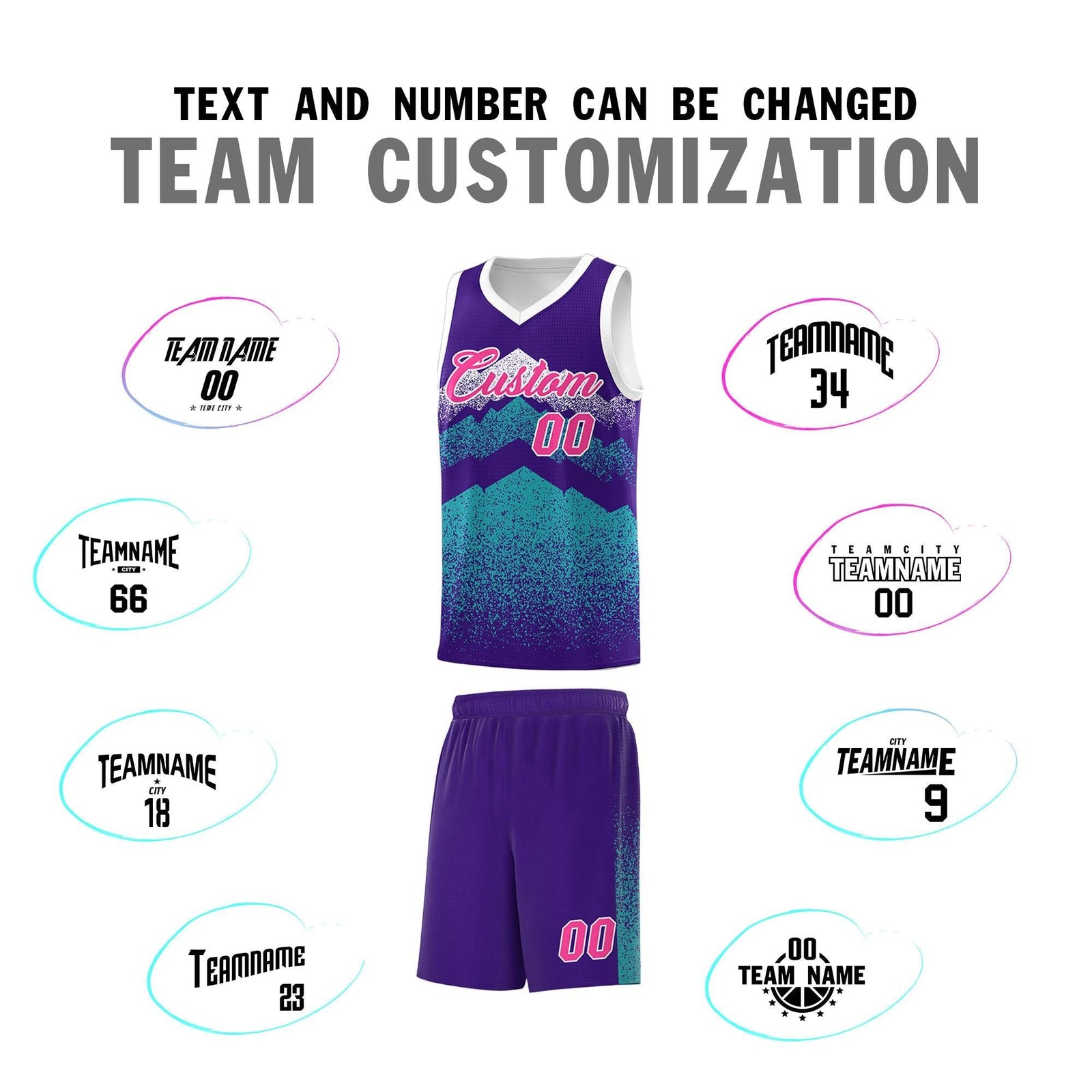 Personalized Youth Basketball Jerseys   Purple Aqua Gradient Mountain Design Uniforms