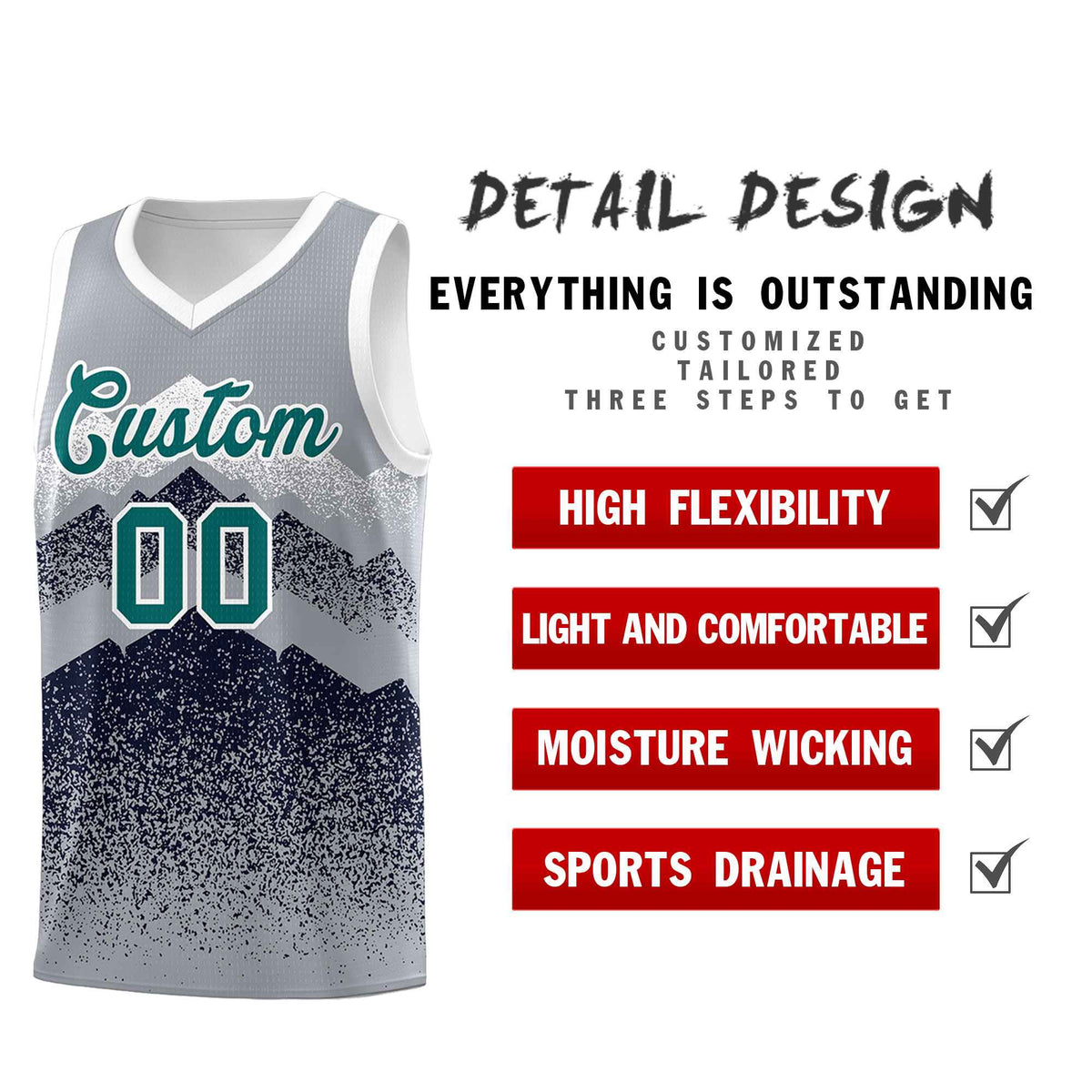 Custom Youth Basketball Jerseys Gray Navy Gradient Mountain Design Uniforms