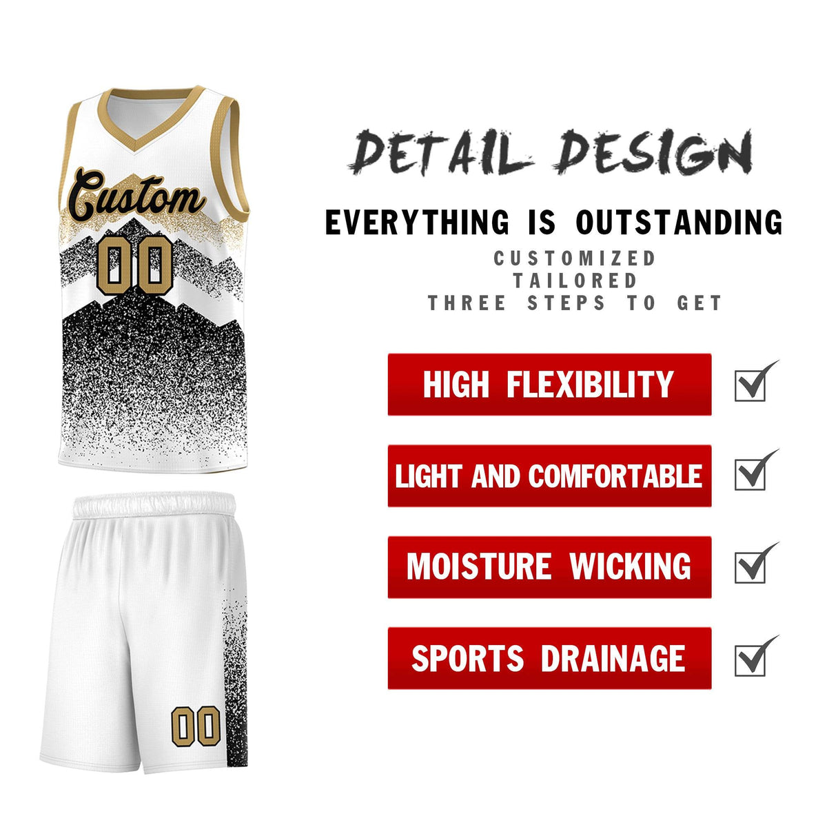 Custom Youth Basketball Jerseys White Black Gradient Mountain Design Uniforms