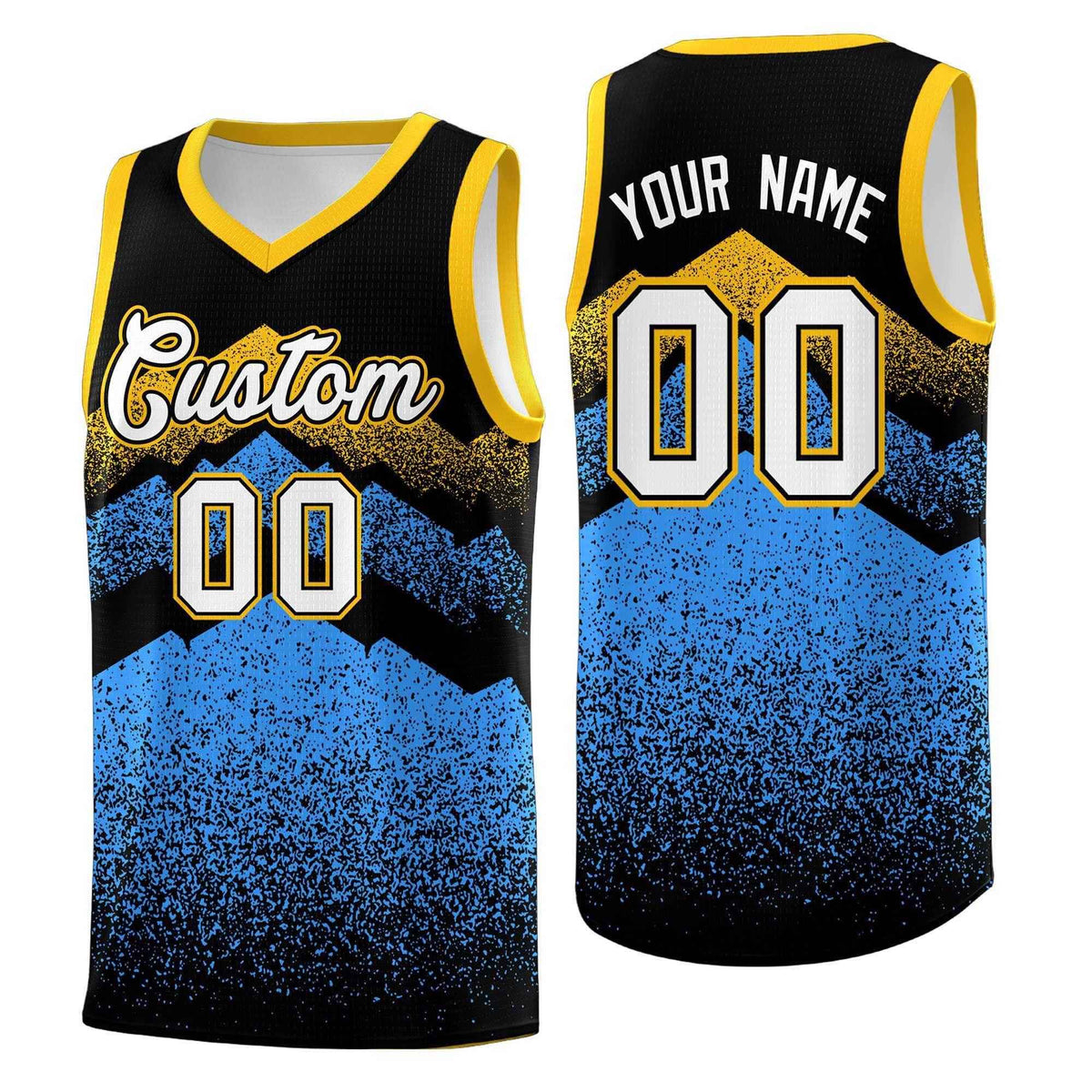 Custom Youth Basketball Jerseys Black Powder Blue Gradient Mountain Design Uniforms
