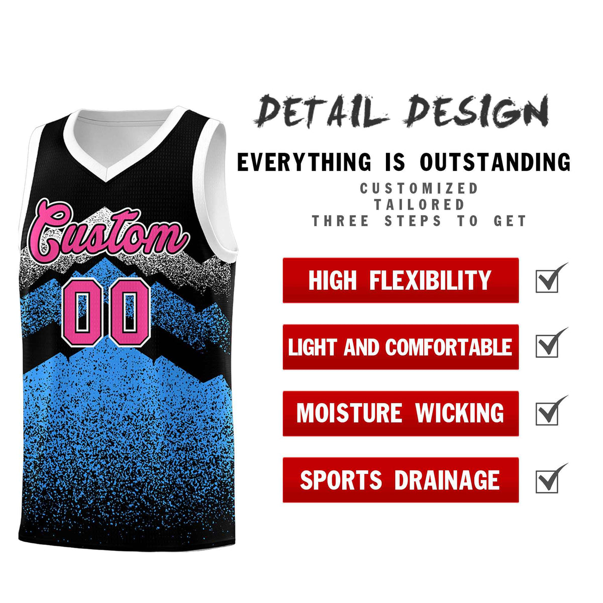 Personalized Youth Basketball Jerseys   Black Powder Blue Gradient Mountain Design Uniforms