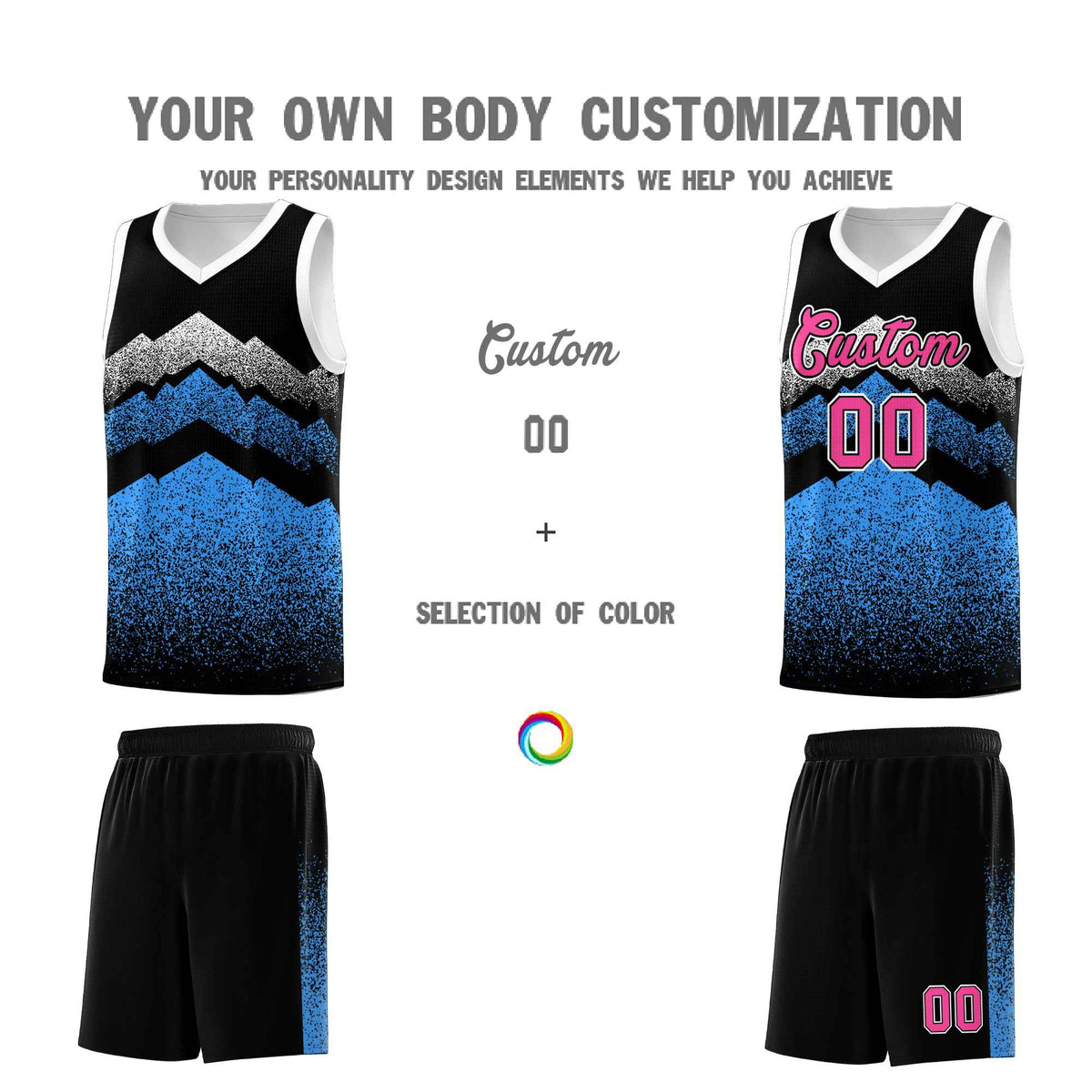 Personalized Youth Basketball Jerseys   Black Powder Blue Gradient Mountain Design Uniforms