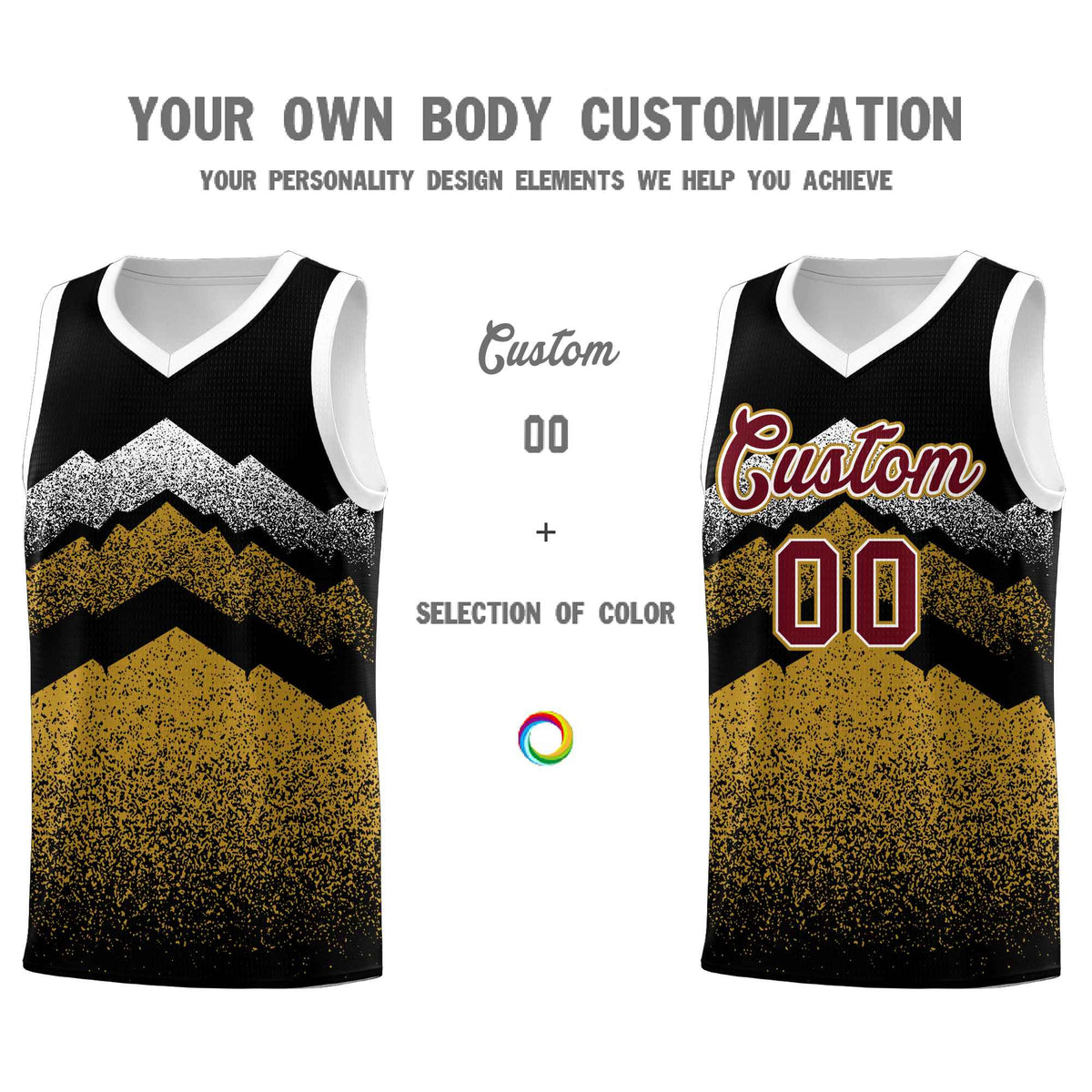 Custom Youth Basketball Jerseys Black Old Gold Gradient Mountain Design Uniforms