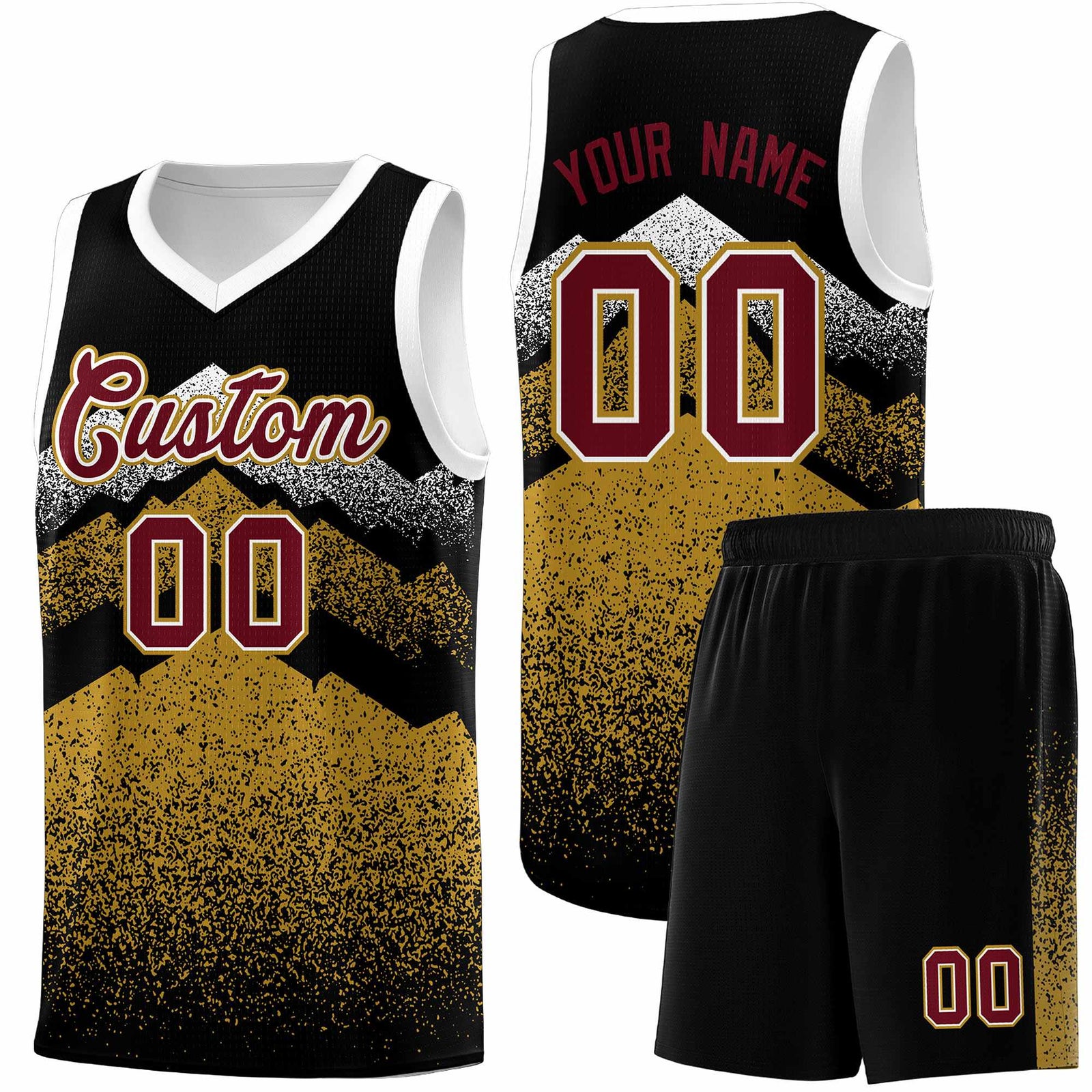 Custom Youth Basketball Jerseys Black Old Gold Gradient Mountain Design Uniforms