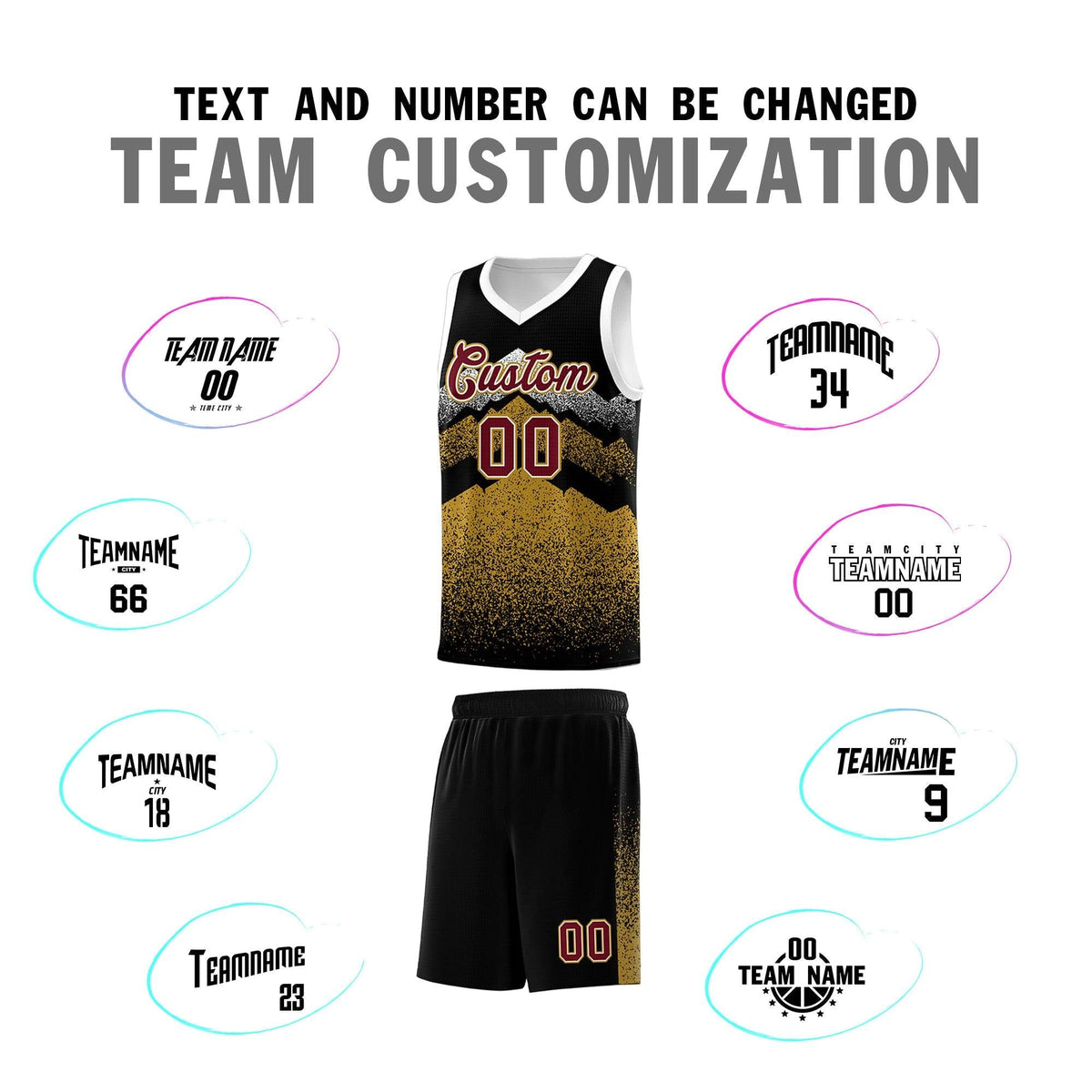 Custom Youth Basketball Jerseys Black Old Gold Gradient Mountain Design Uniforms