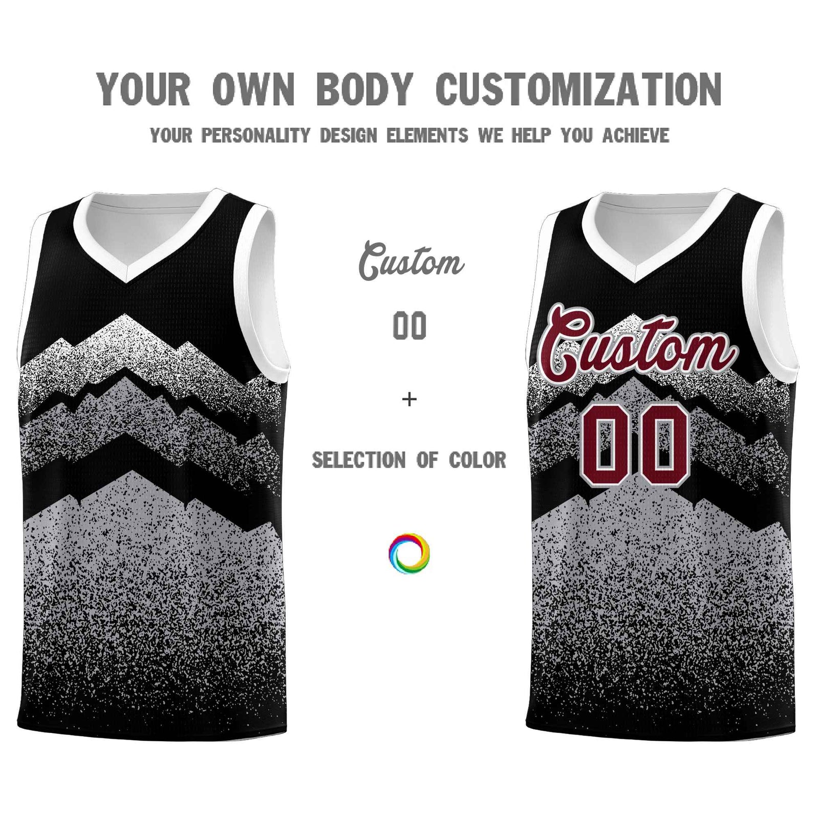 Personalized Youth Basketball Jerseys   Black Gray Gradient Mountain Design Uniforms