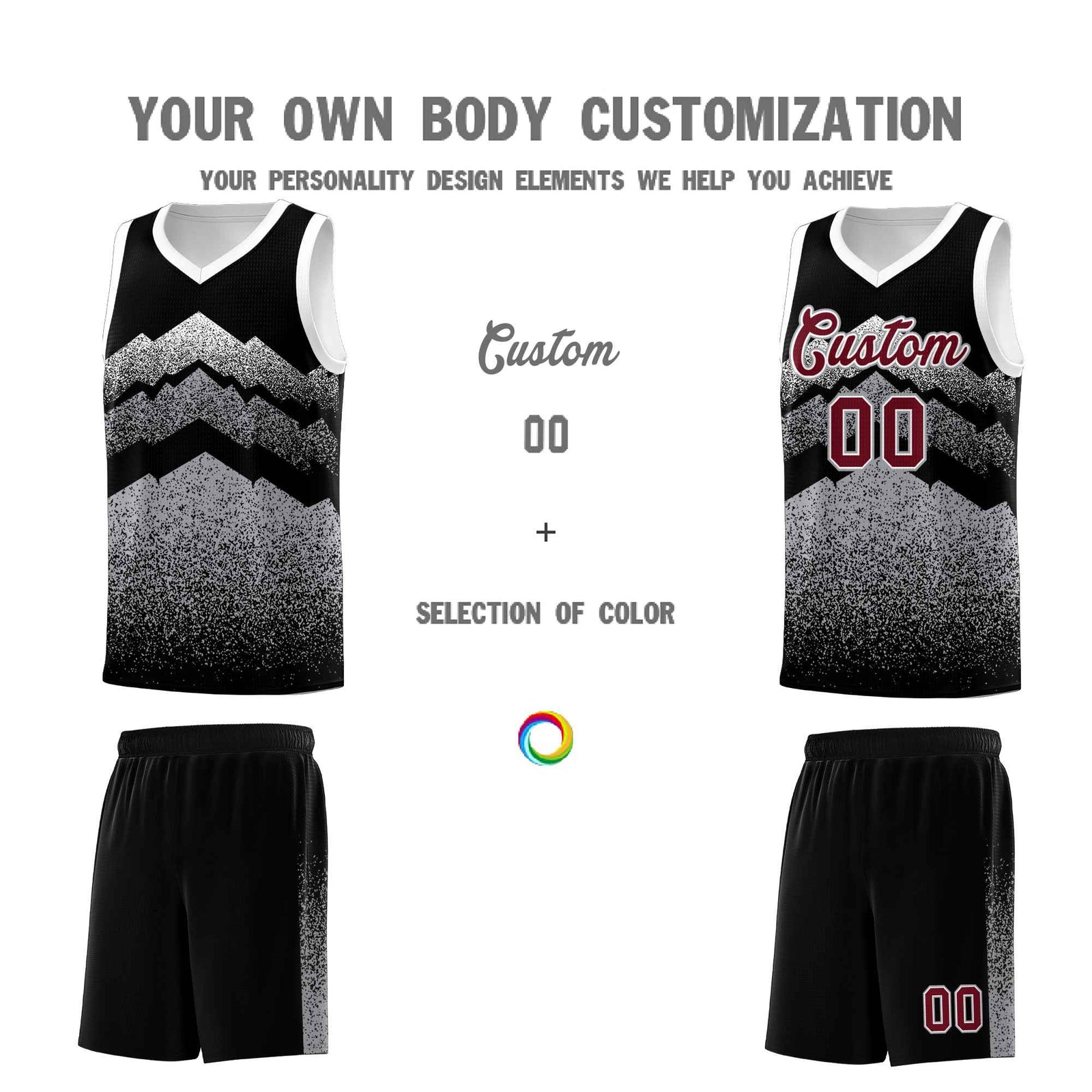 Personalized Youth Basketball Jerseys   Black Gray Gradient Mountain Design Uniforms