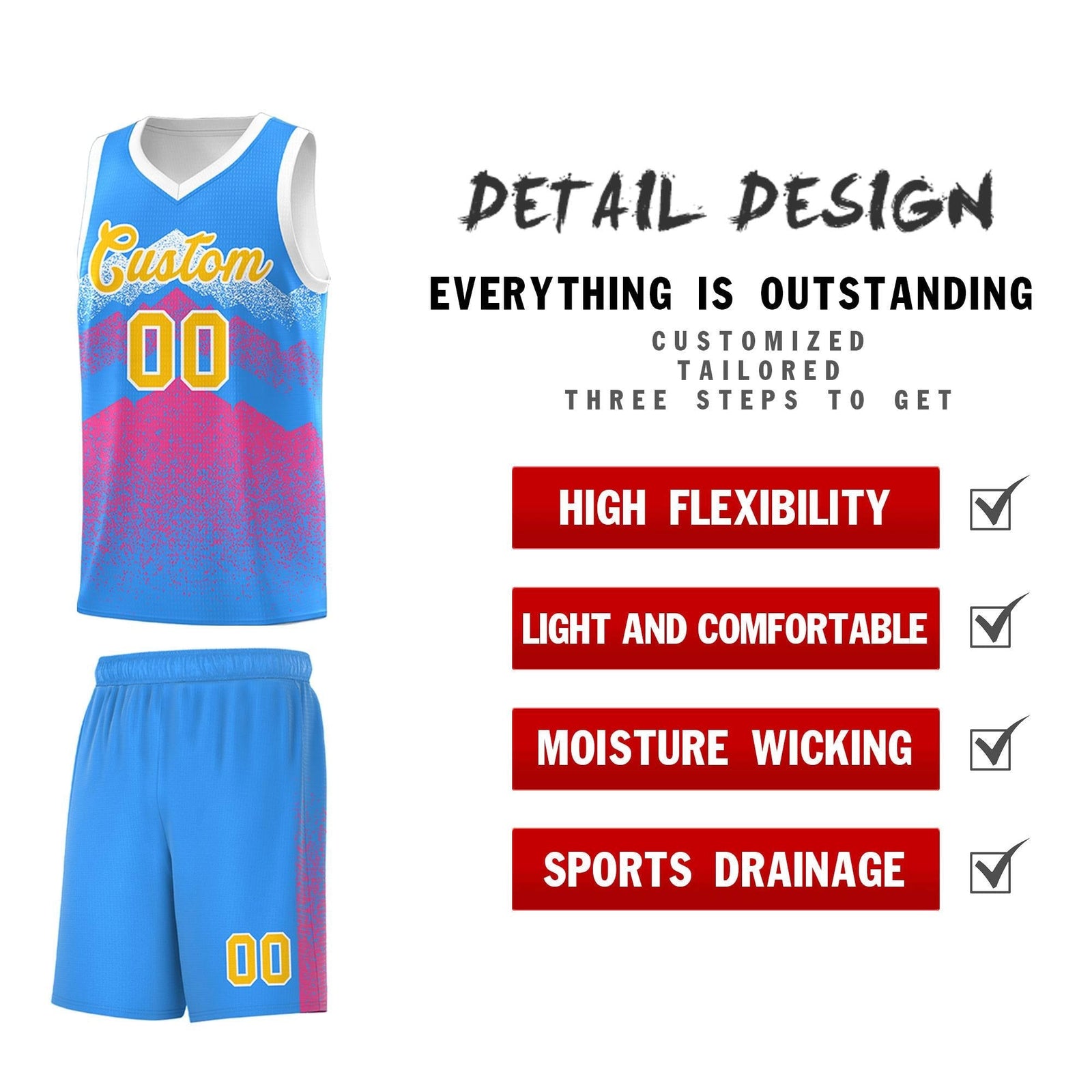 Custom Youth Basketball Jerseys Powder Blue Pink Gradient Mountain Design Uniforms