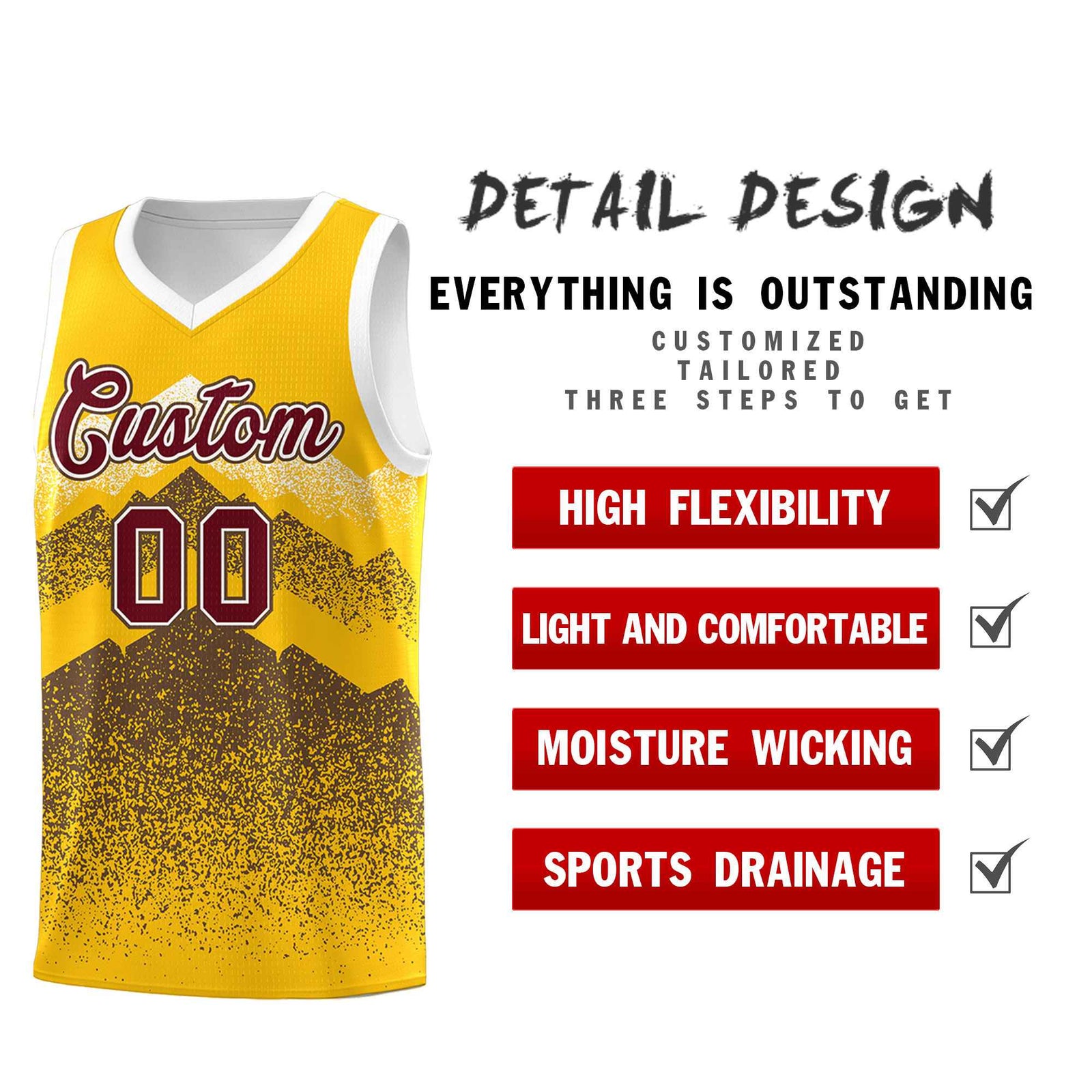 Custom Youth Basketball Jerseys Gold Coffee Gradient Mountain Design Uniforms
