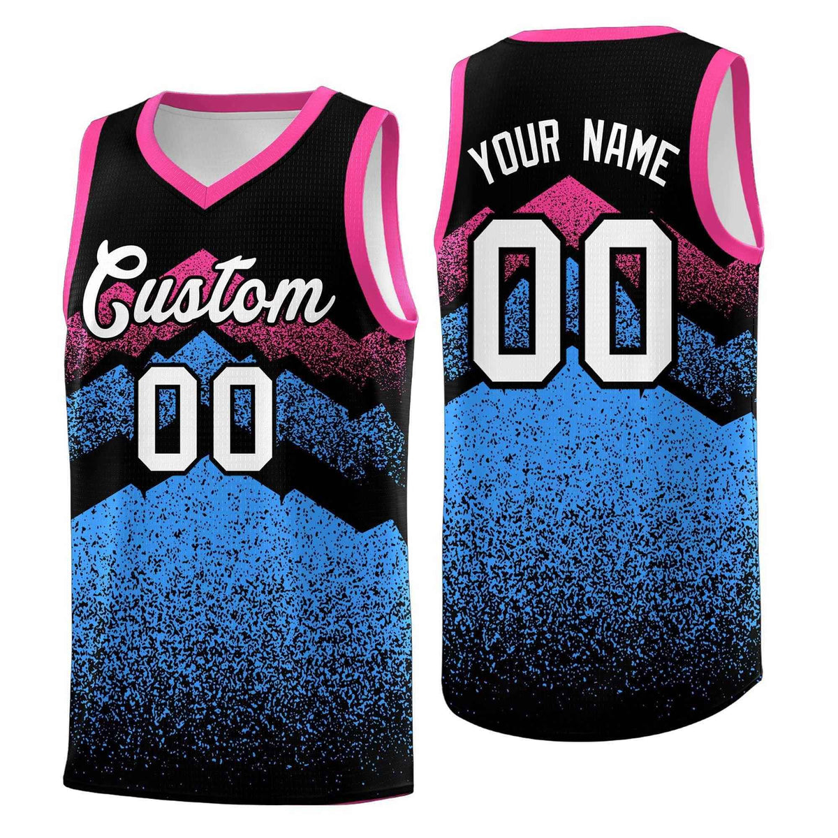 Custom Youth Basketball Jerseys Black Powder Blue Gradient Mountain Design Uniforms