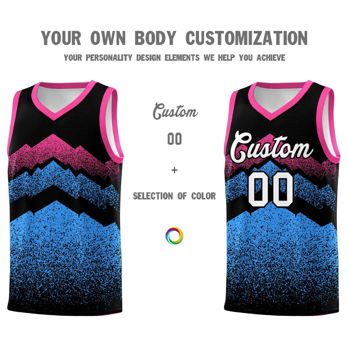 Custom Youth Basketball Jerseys Black Powder Blue Gradient Mountain Design Uniforms