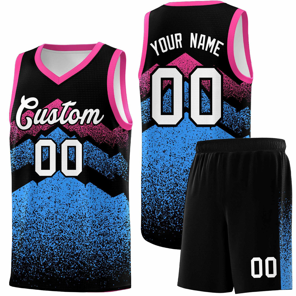 Custom Youth Basketball Jerseys Black Powder Blue Gradient Mountain Design Uniforms