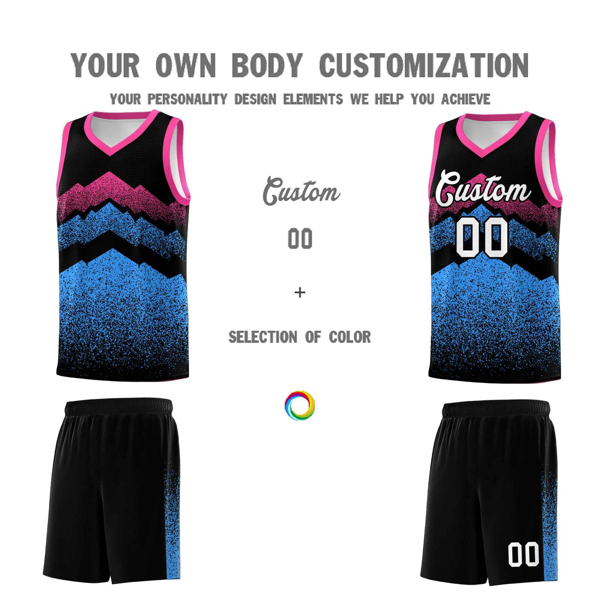 Custom Youth Basketball Jerseys Black Powder Blue Gradient Mountain Design Uniforms