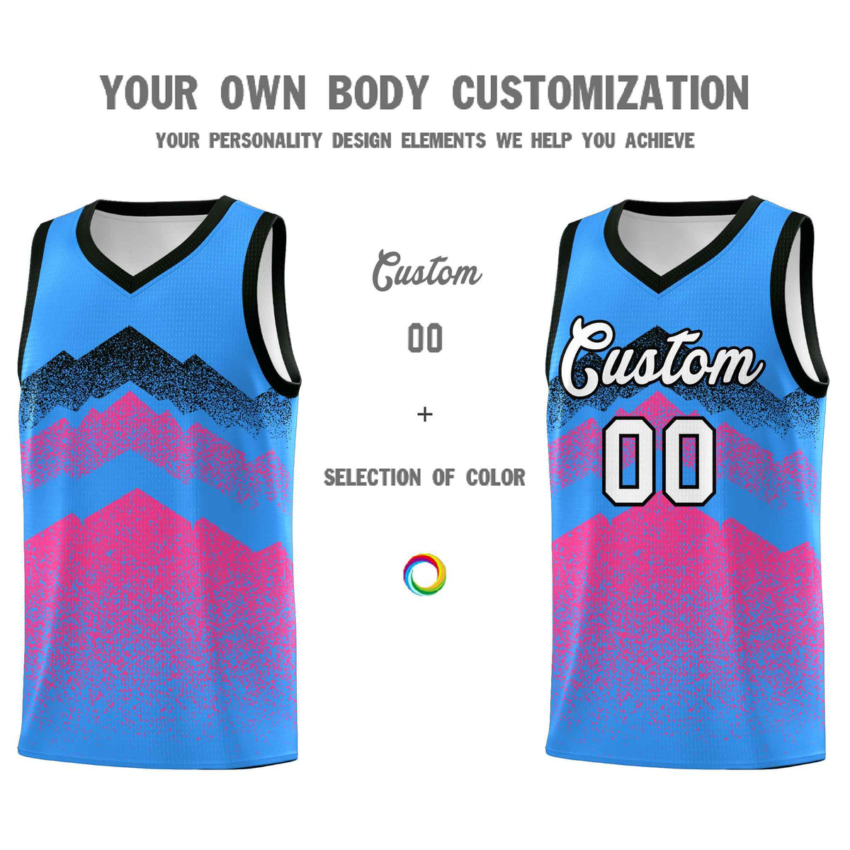 Custom Youth Basketball Jerseys Powder Blue Pink Gradient Mountain Design Uniforms
