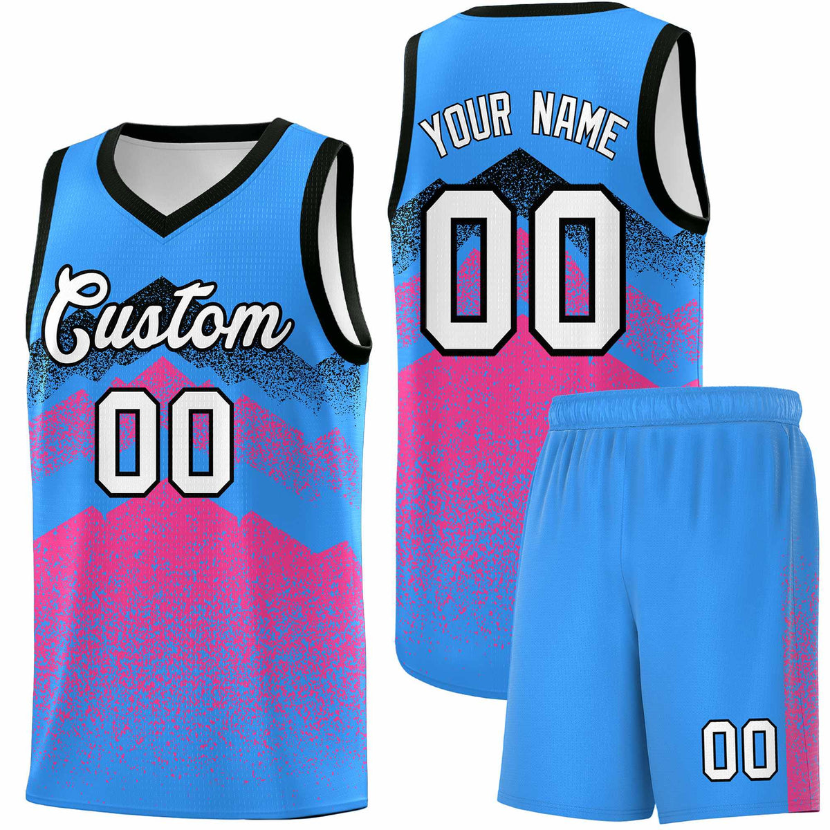 Custom Youth Basketball Jerseys Powder Blue Pink Gradient Mountain Design Uniforms