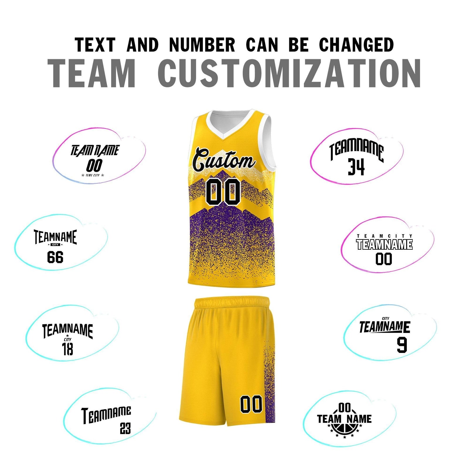 Custom Youth Basketball Jerseys Gold Purple Gradient Mountain Design Uniforms