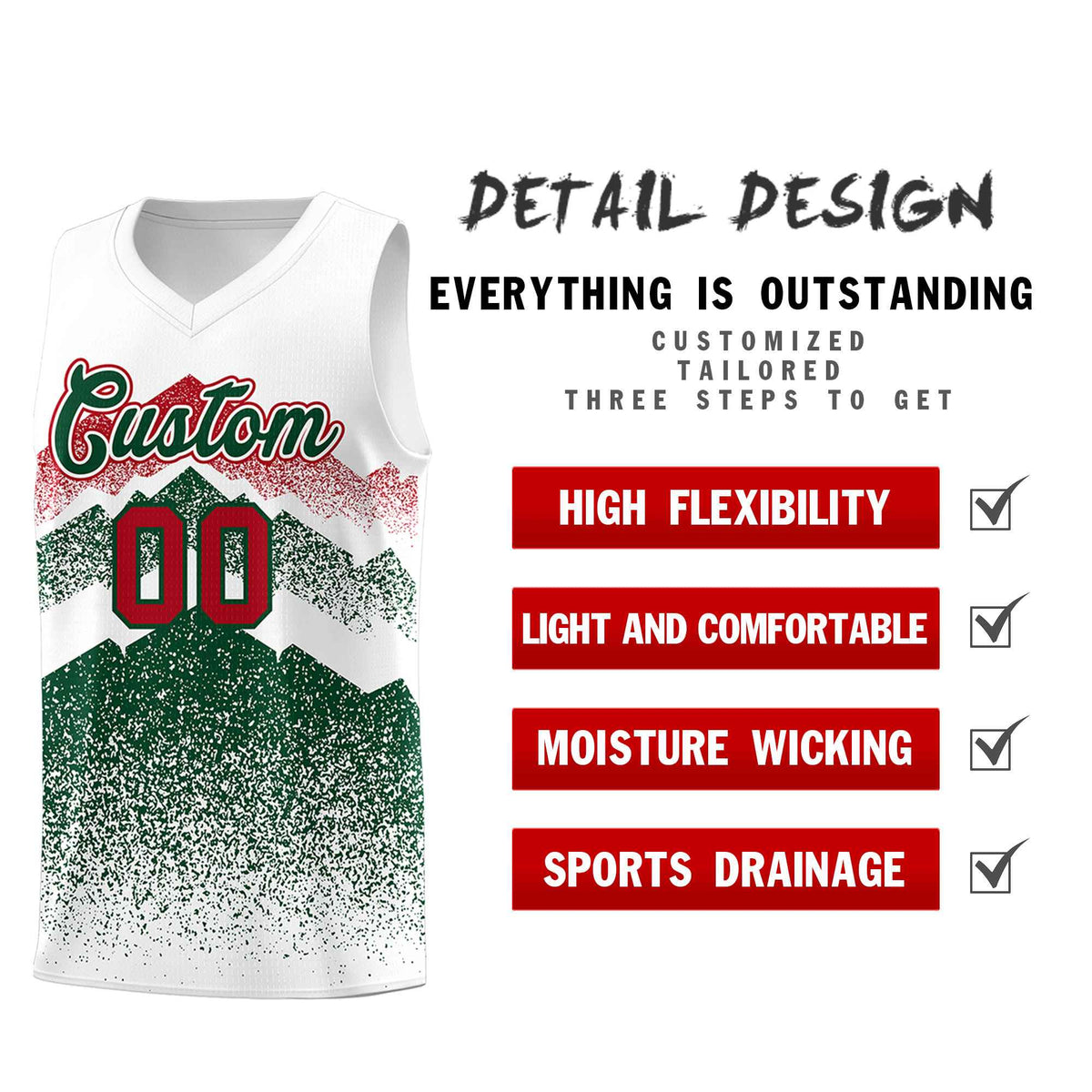 Custom Youth Basketball Jerseys White Green Gradient Mountain Design Uniforms