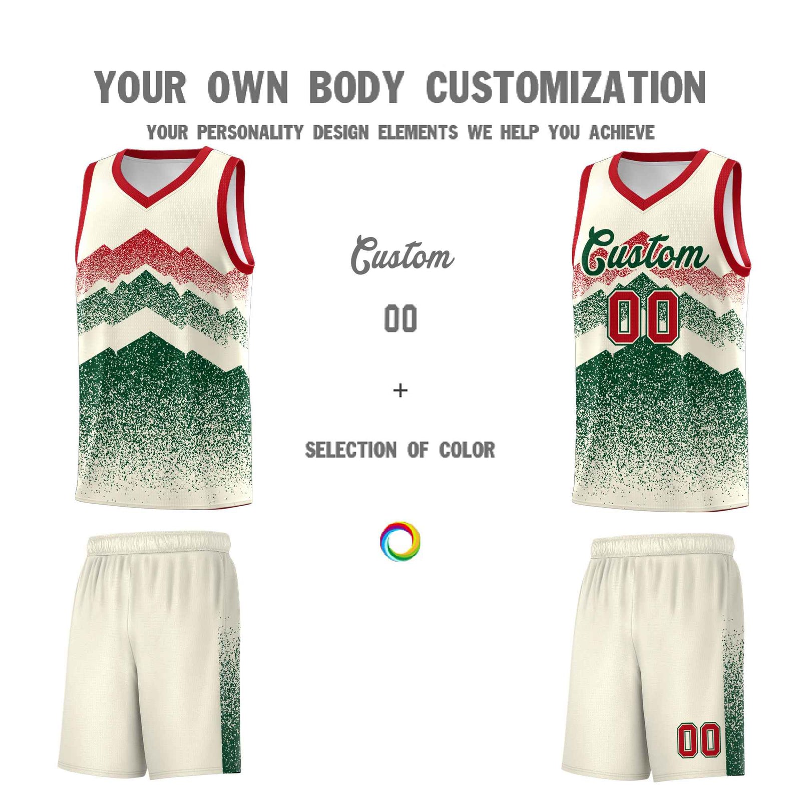 Personalized Youth Basketball Jerseys   Cream Green Gradient Mountain Design Uniforms