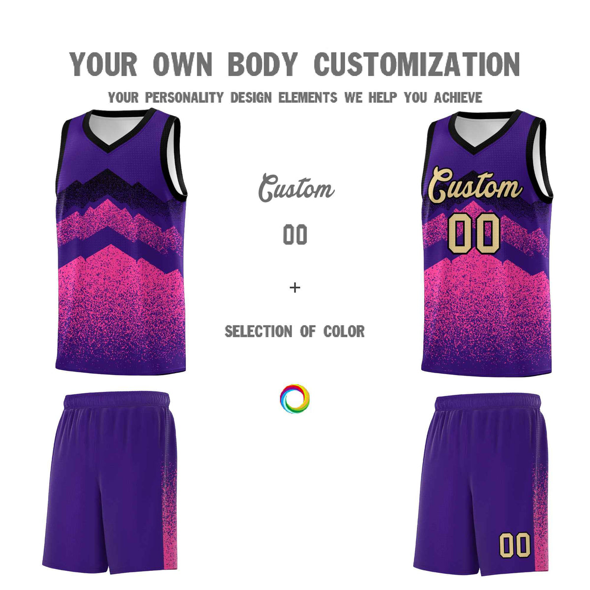 Custom Youth Basketball Jerseys Purple Pink Gradient Mountain Design Uniforms