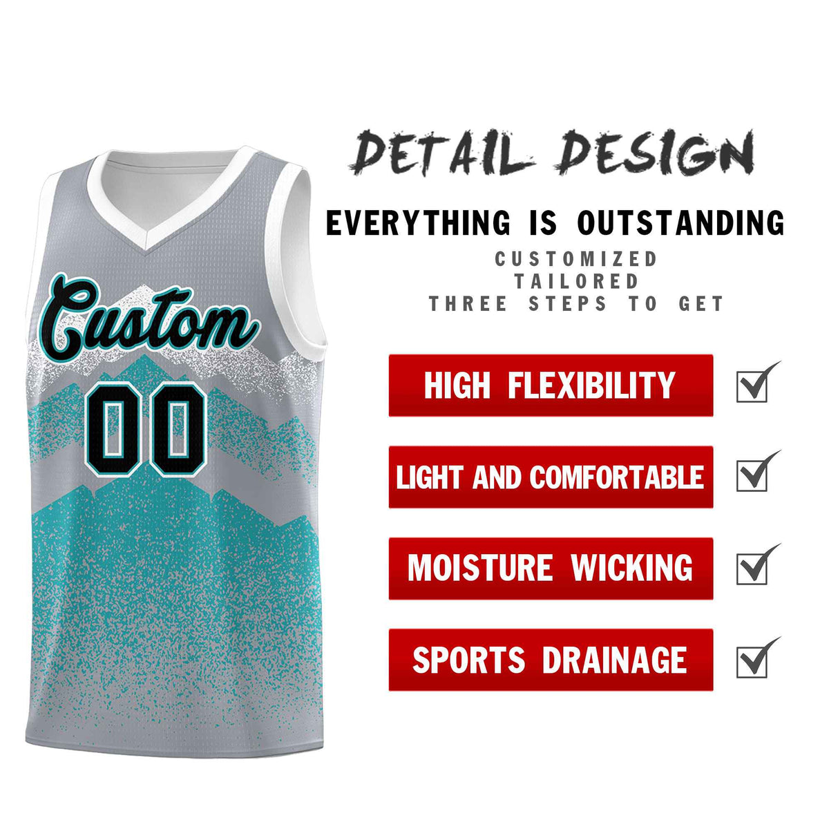 Personalized Youth Basketball Jerseys   Silver Teal Gradient Mountain Design Uniforms