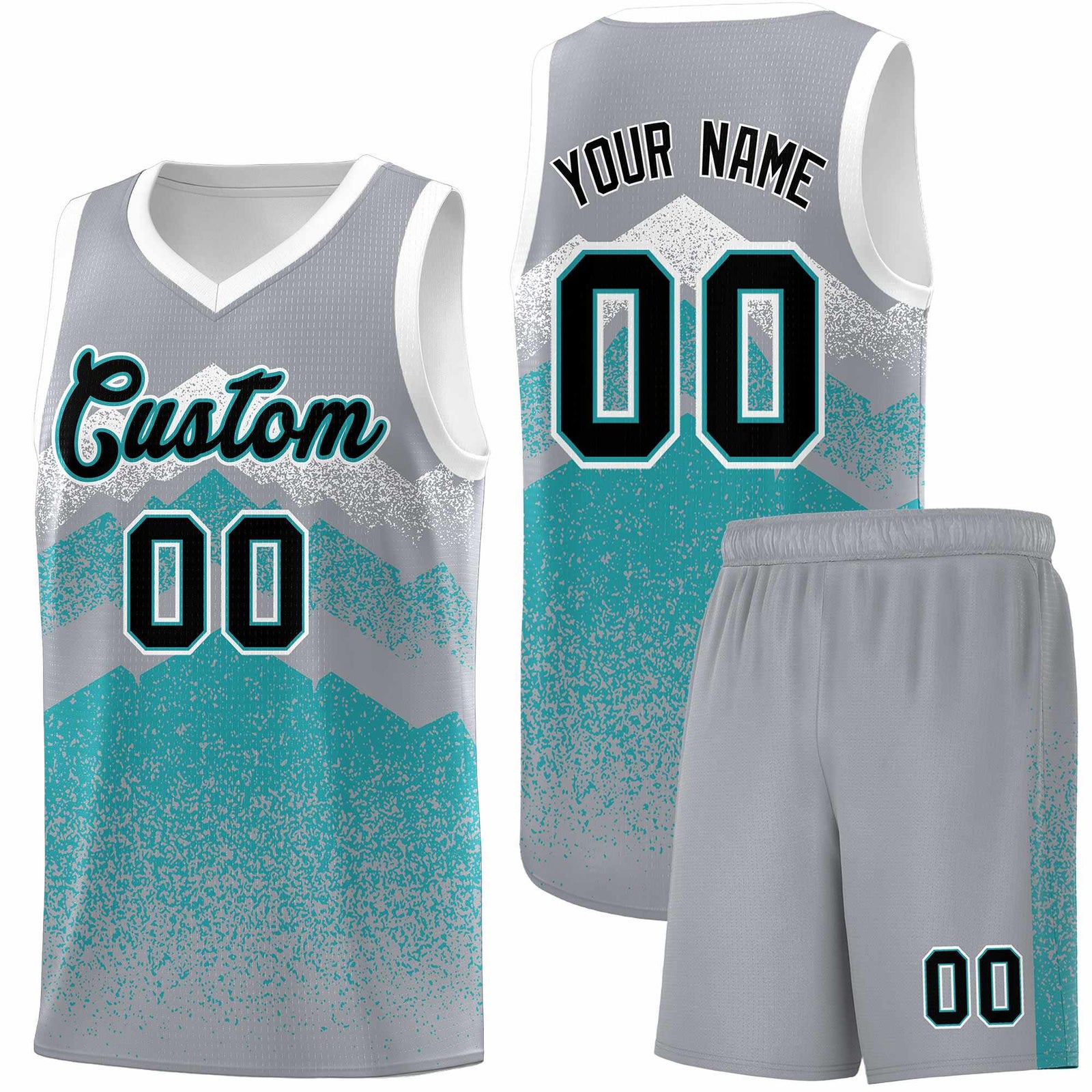 Personalized Youth Basketball Jerseys   Silver Teal Gradient Mountain Design Uniforms